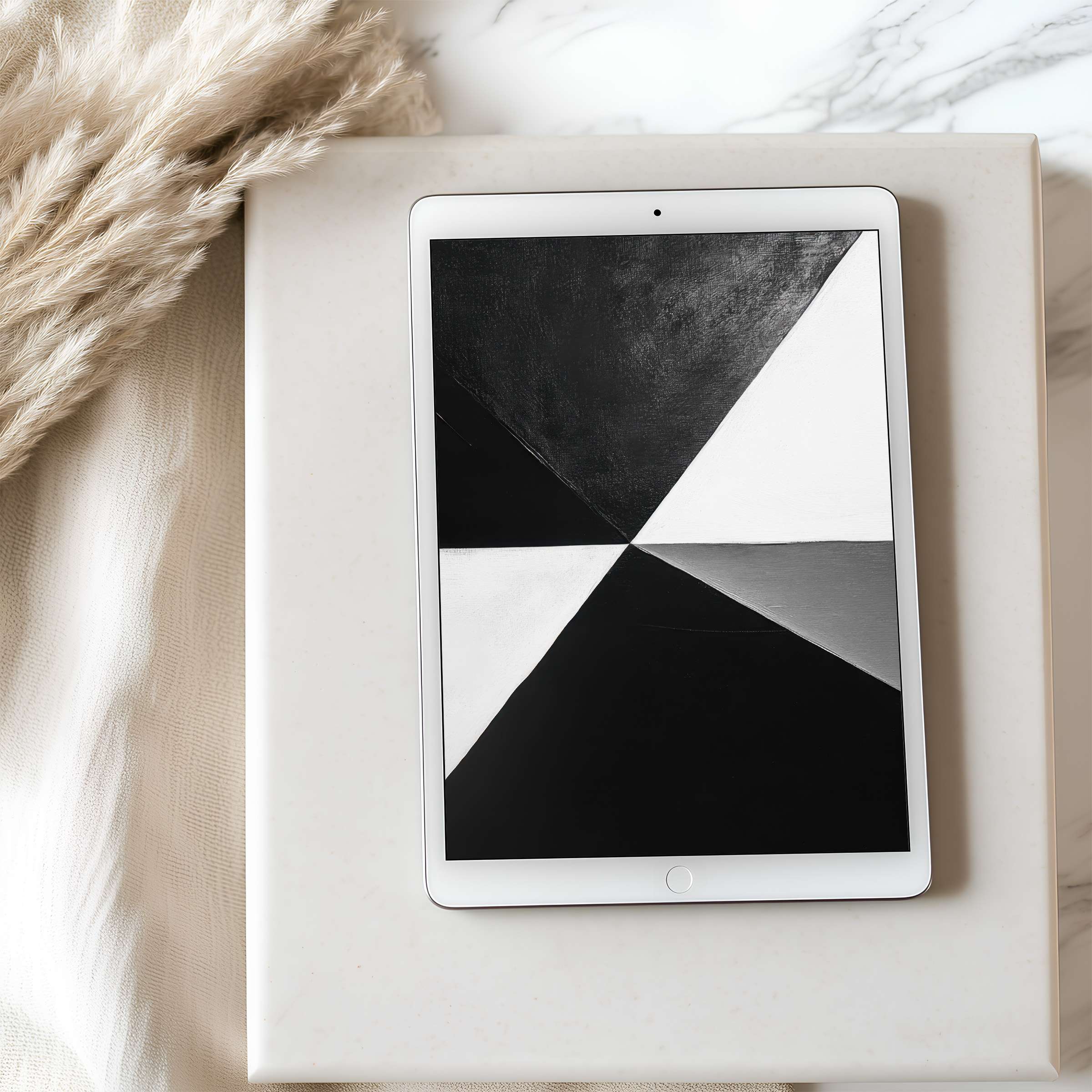 Elegant monochrome geometric tablet wallpaper on iPad, perfect for creating a calm, curated digital space in high resolution download
