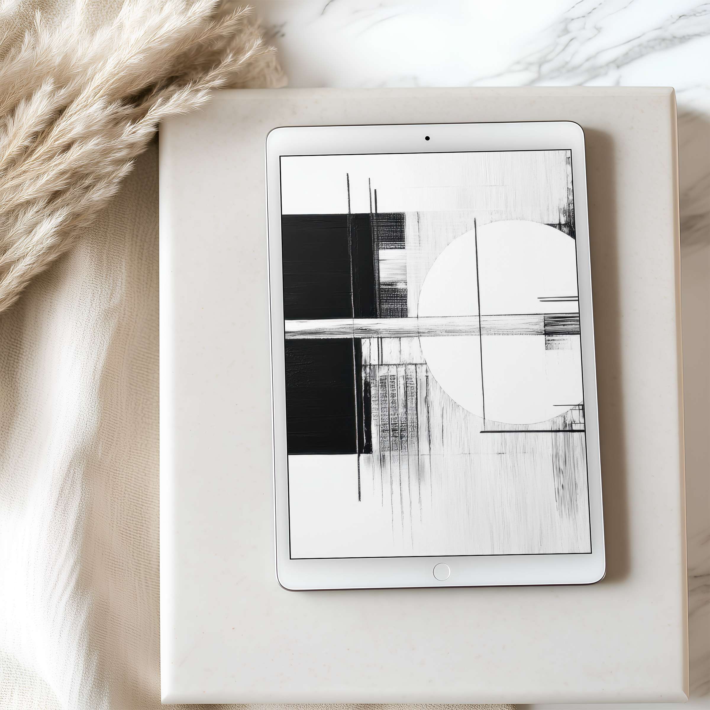 Elegant black and white abstract tablet wallpaper, perfect for iPad high resolution, digital download provides calm aesthetic for interiors