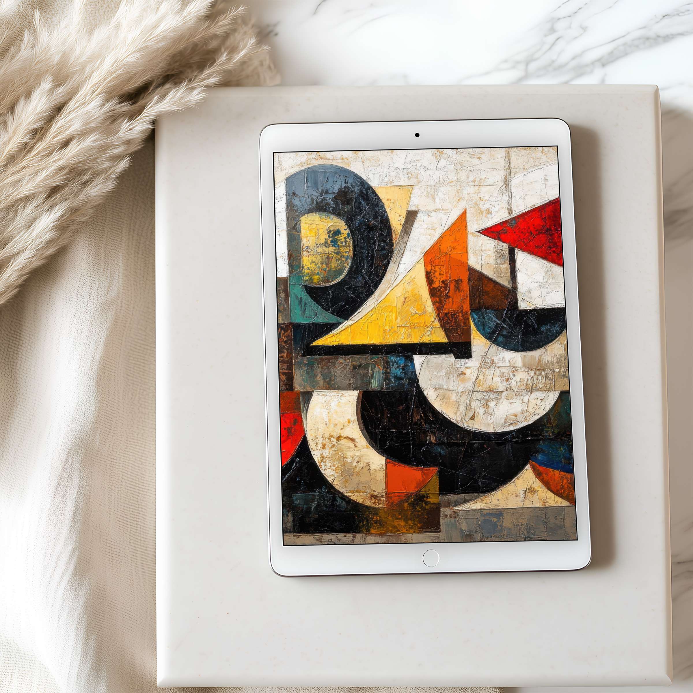 Elegant abstract design with bold colors as tablet wallpaper complements serene spaces, ideal for iPad and Android digital download