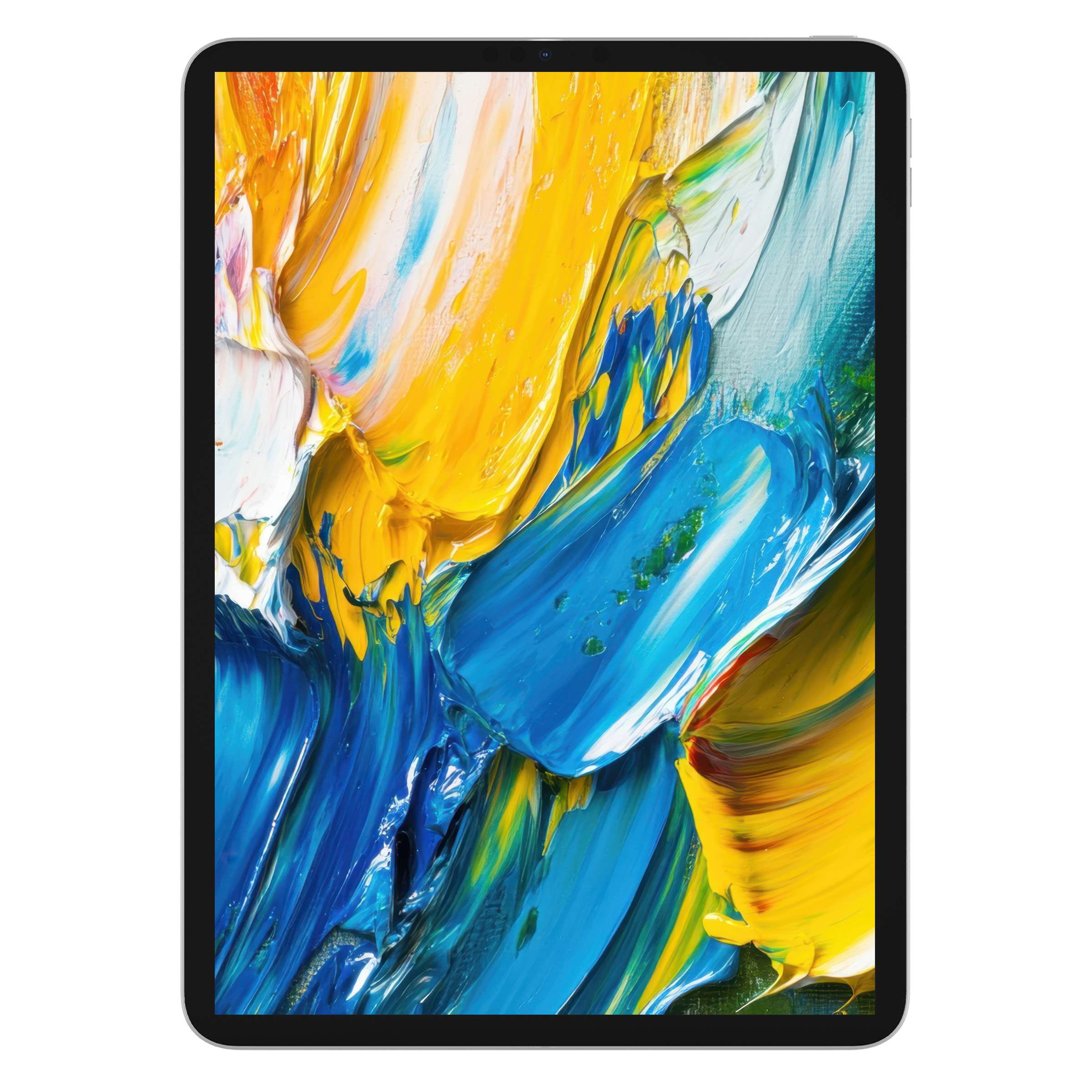 Vibrant abstract brushstrokes in blue, yellow, and white create a modern iPad wallpaper, perfect for tablet backgrounds and digital download
