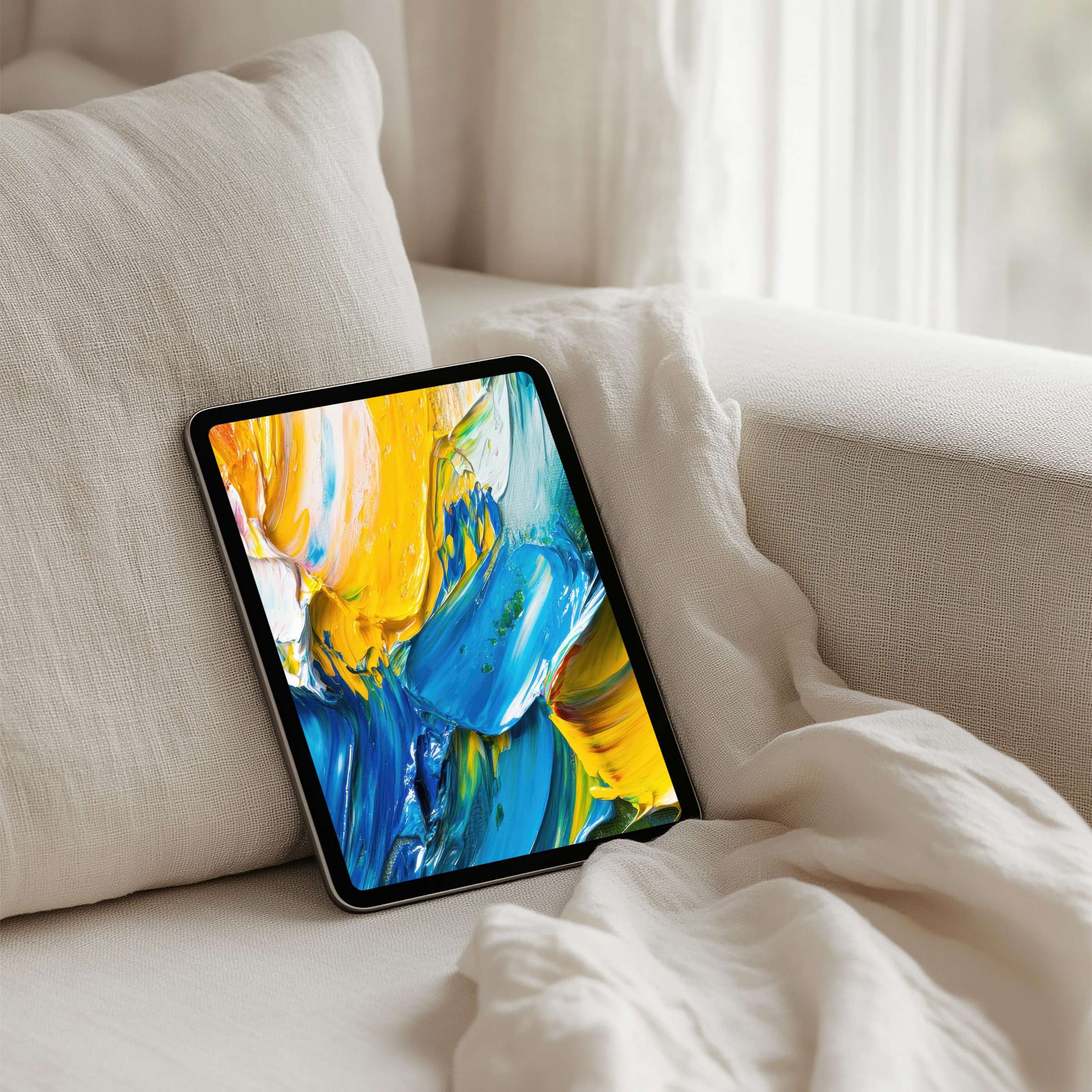 Vibrant abstract iPad background with calming yellow and blue brushstrokes for instant download, perfect for any tablet device