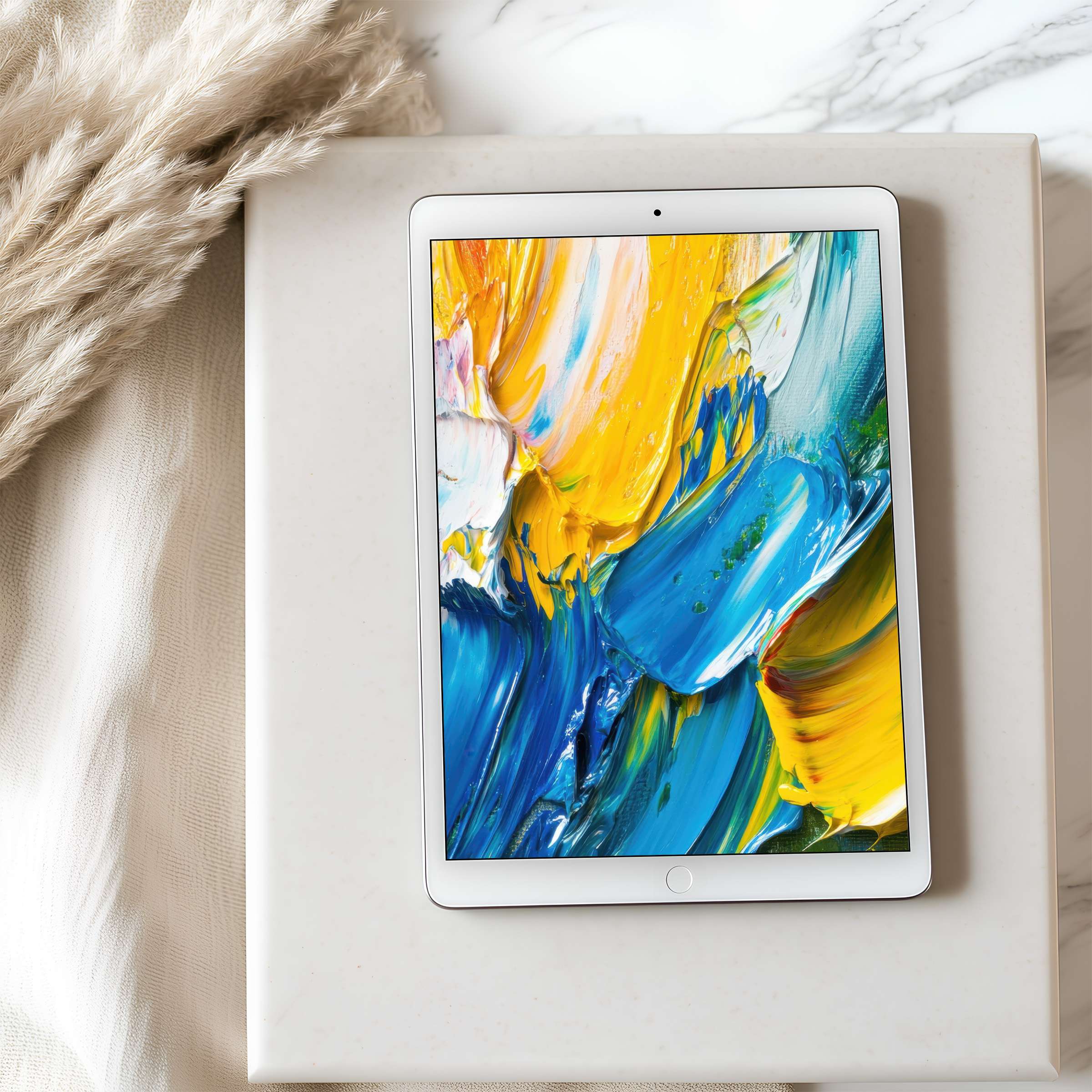 Vibrant abstract brushstrokes in blue and yellow adorn this high-resolution tablet wallpaper, perfect for elevating iPad aesthetics and tranquility