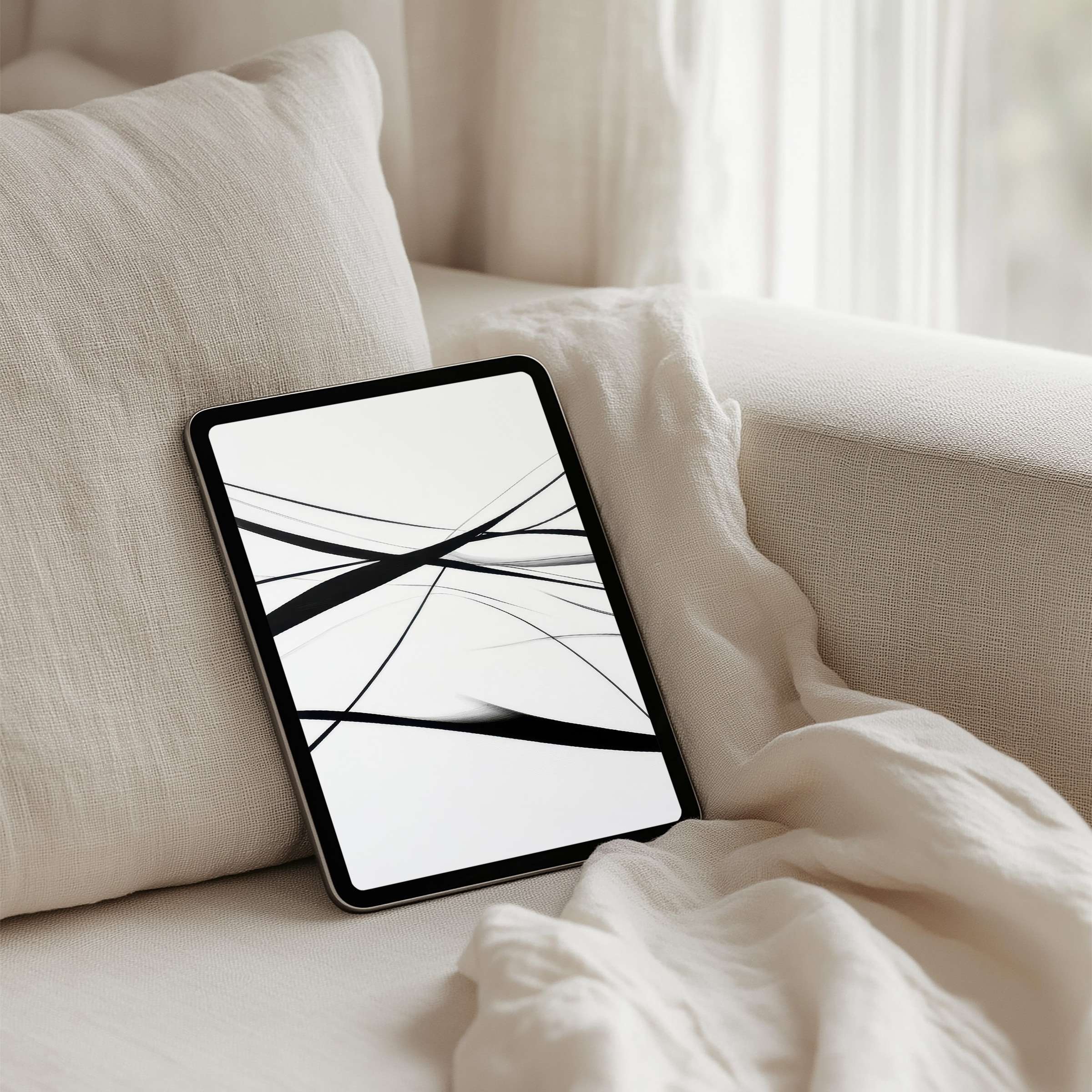 Abstract black and white iPad background on a cozy sofa for instant download to enhance your tablet with calm elegance