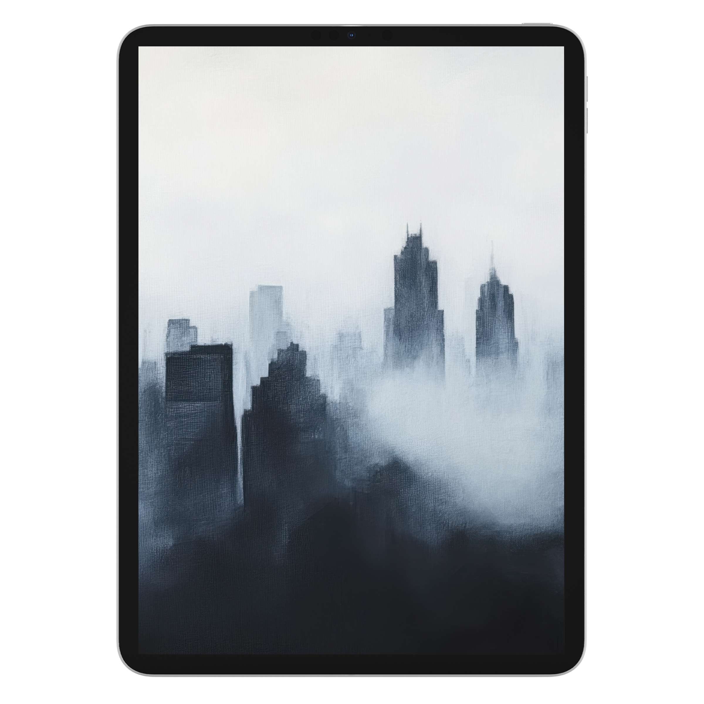 Serene cityscape in foggy blues creates a modern iPad wallpaper perfect for any tablet background as a digital download
