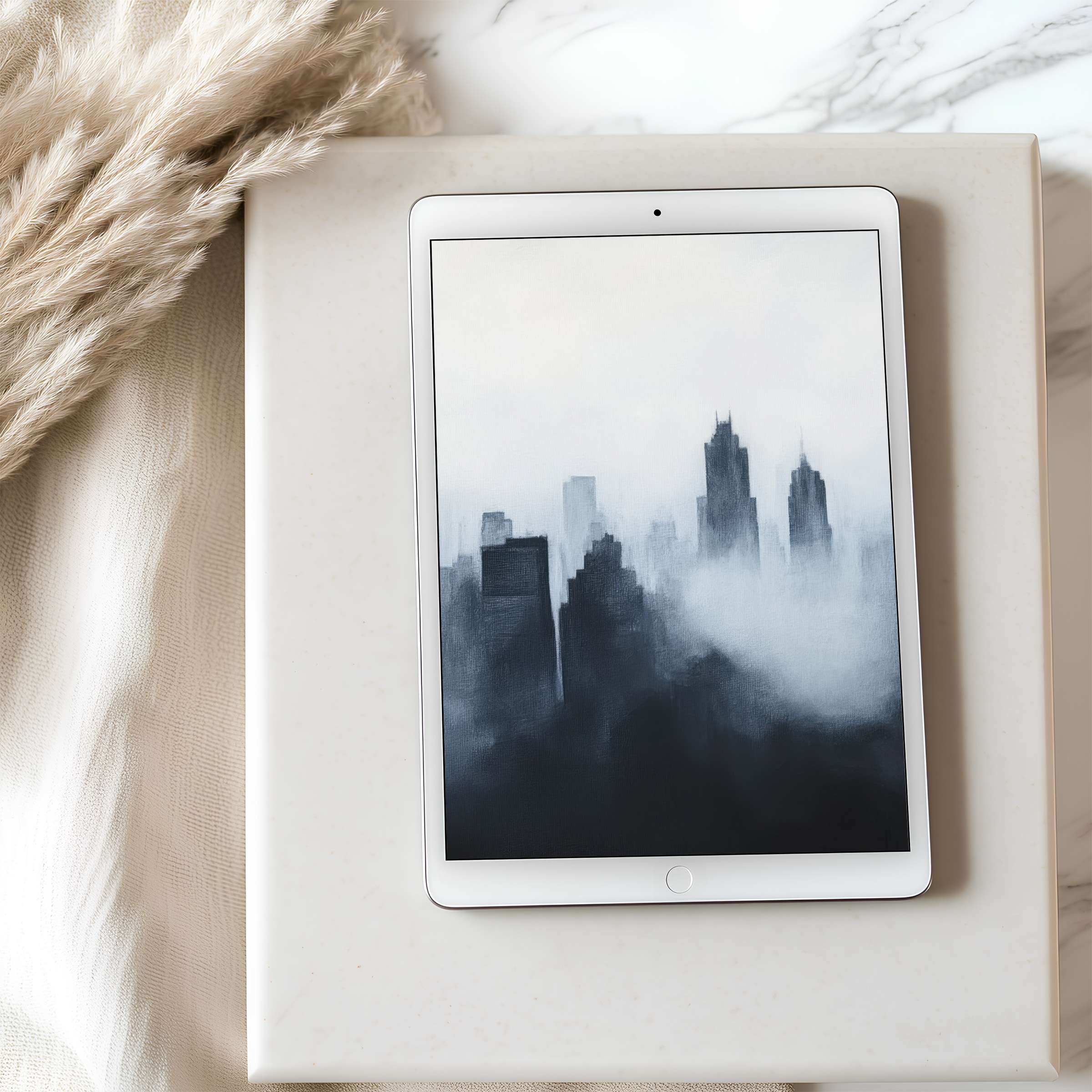 Elegant misty cityscape tablet wallpaper in high resolution evokes tranquility, perfect for iPad and Android, enhancing digital serenity
