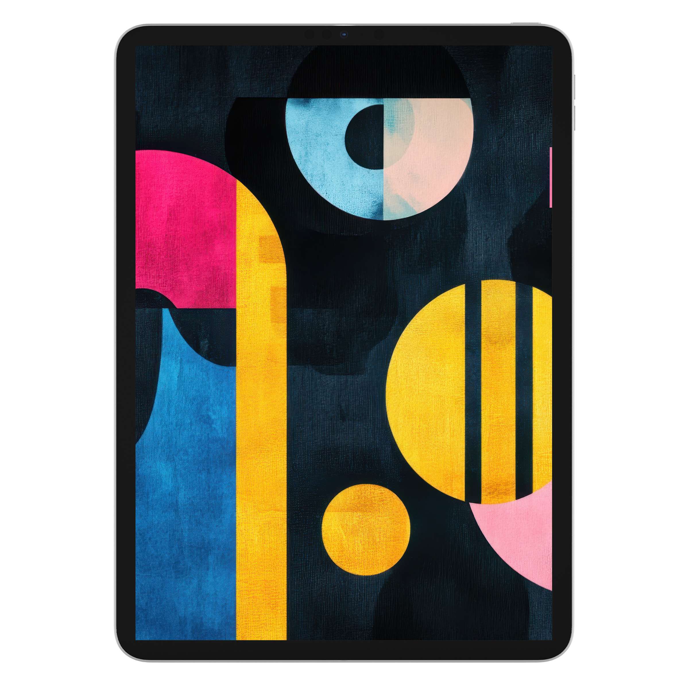 Modern iPad wallpaper with abstract geometric shapes in vibrant colors offering an elegant digital download for tablet backgrounds