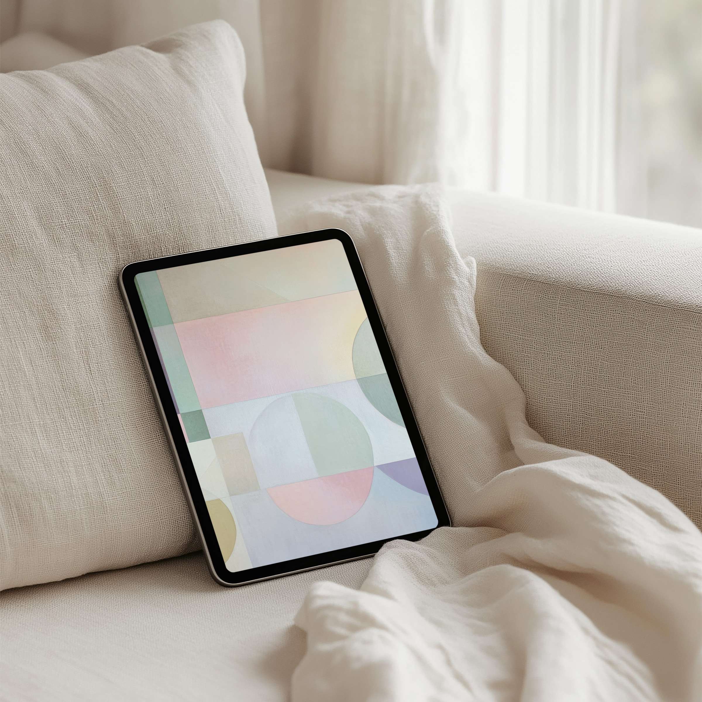 Elegant abstract pastel design on iPad background provides inspiration and calmness for tablets with instant download options
