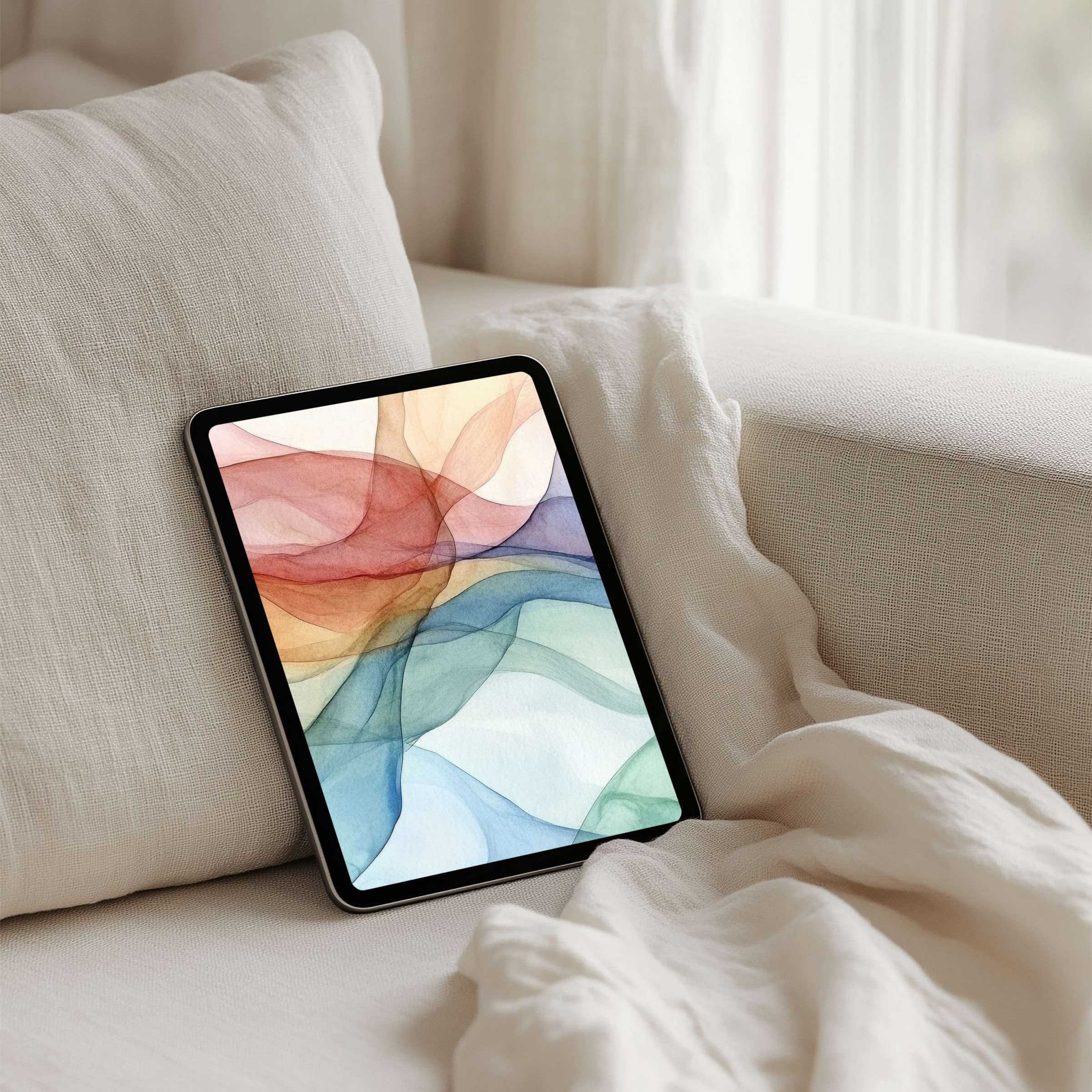 Elegant iPad background with soothing abstract watercolor waves for instant download on any tablet, enhancing calm inspiration