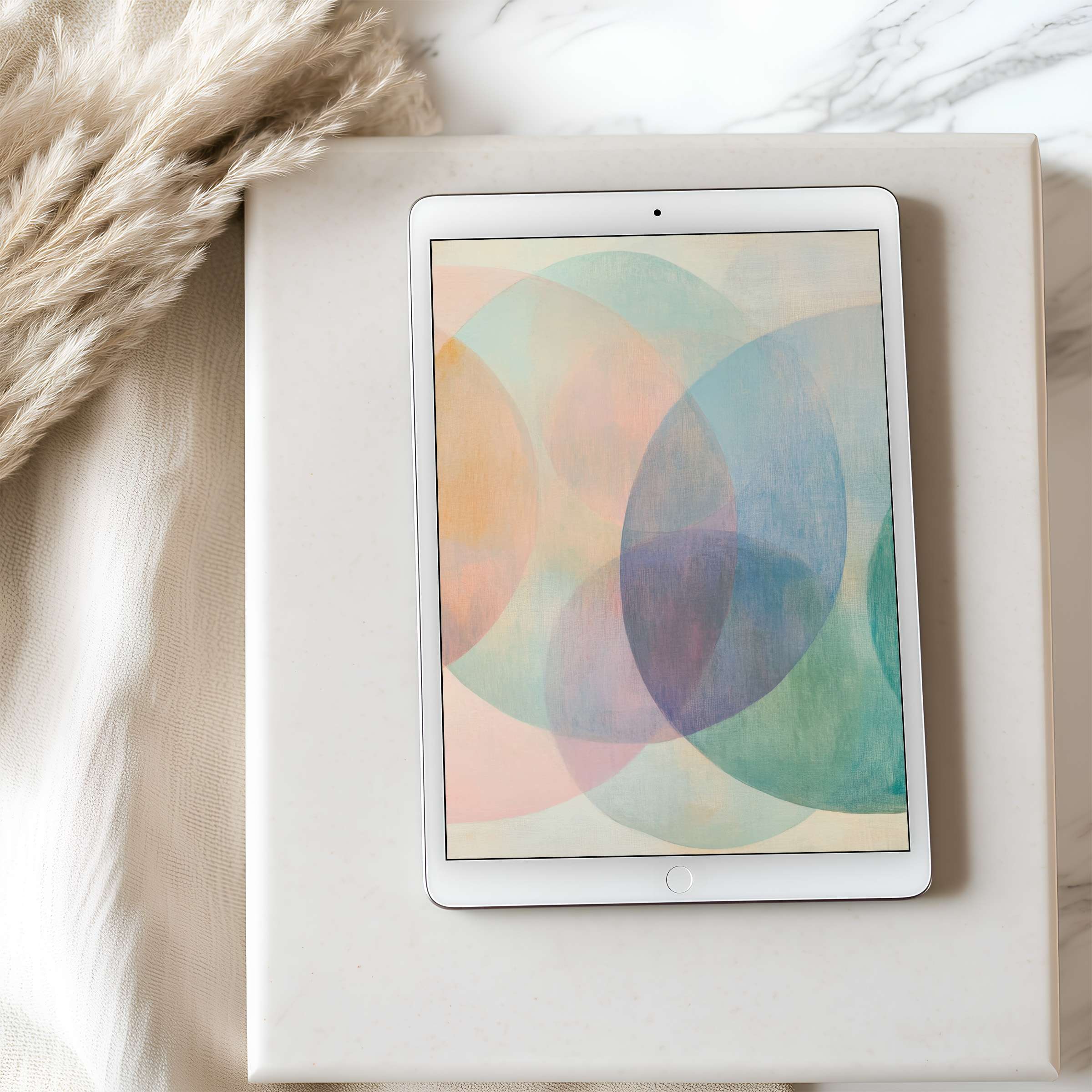 Elegant pastel abstract circles on tablet wallpaper create calm vibes in a modern setting perfect for iPad or Android download