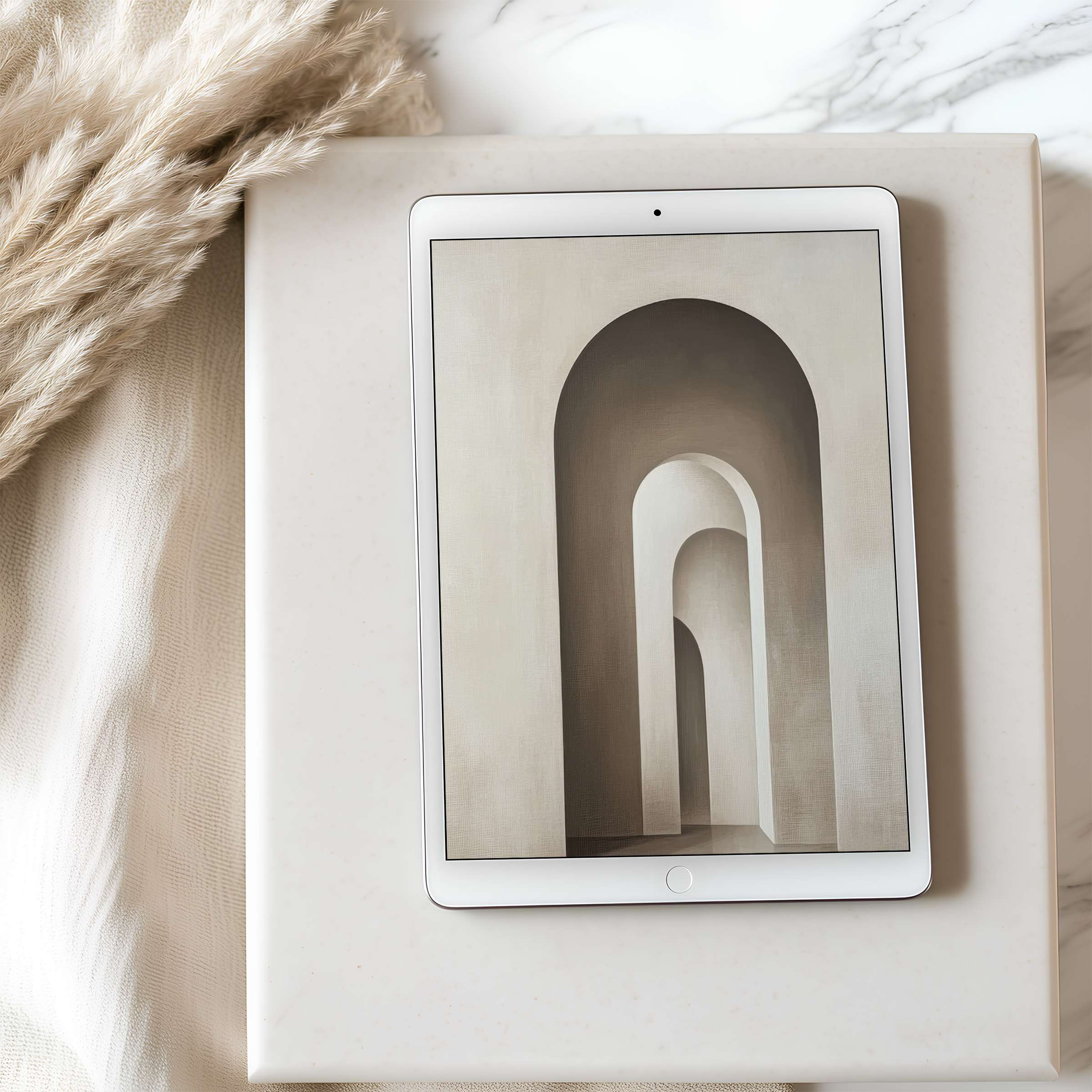 Elegant archway digital art on tablet wallpaper enhances calm interiors with high resolution for iPad and Android download