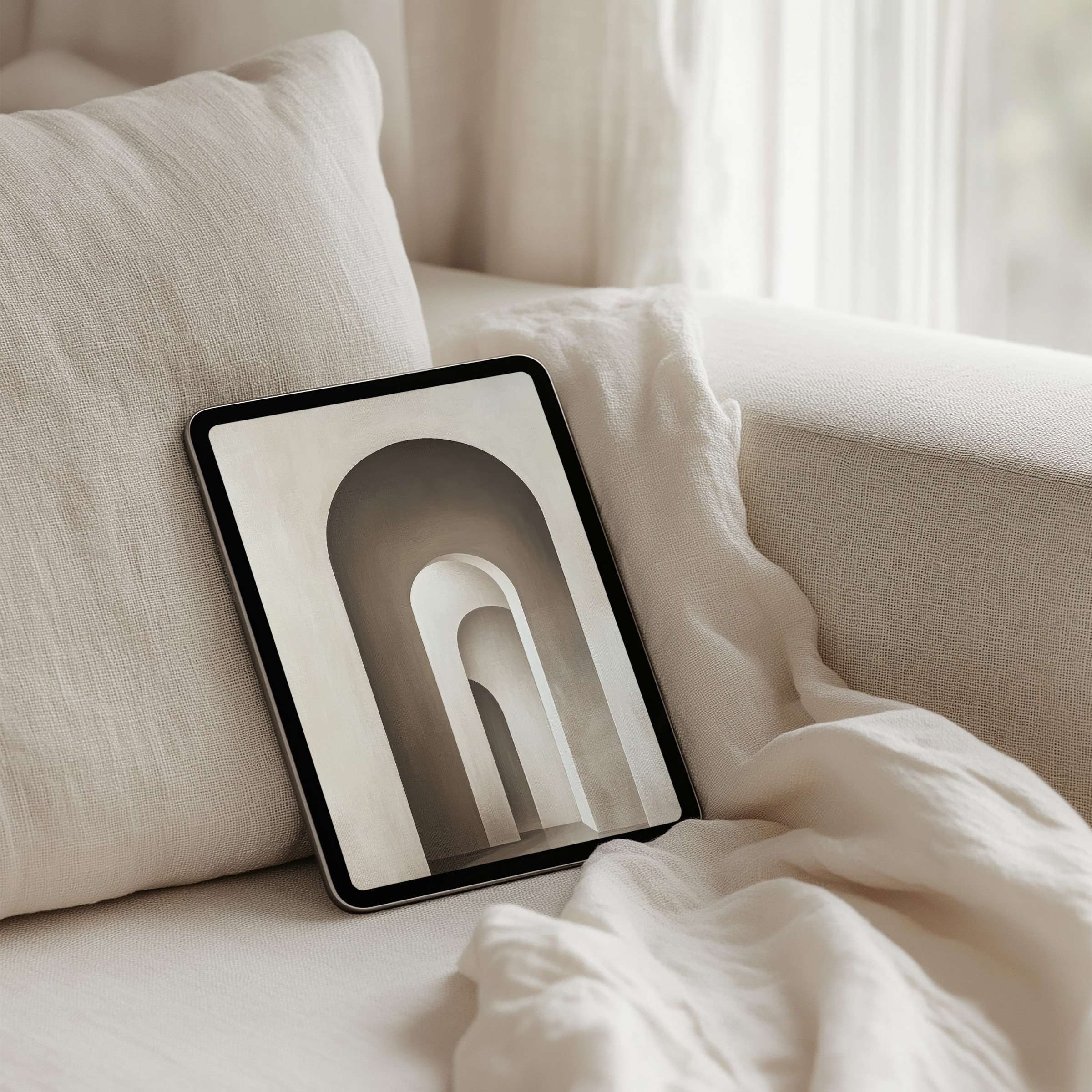 Elegant archway design in soft neutral tones provides a calming iPad background for instant download on any tablet device