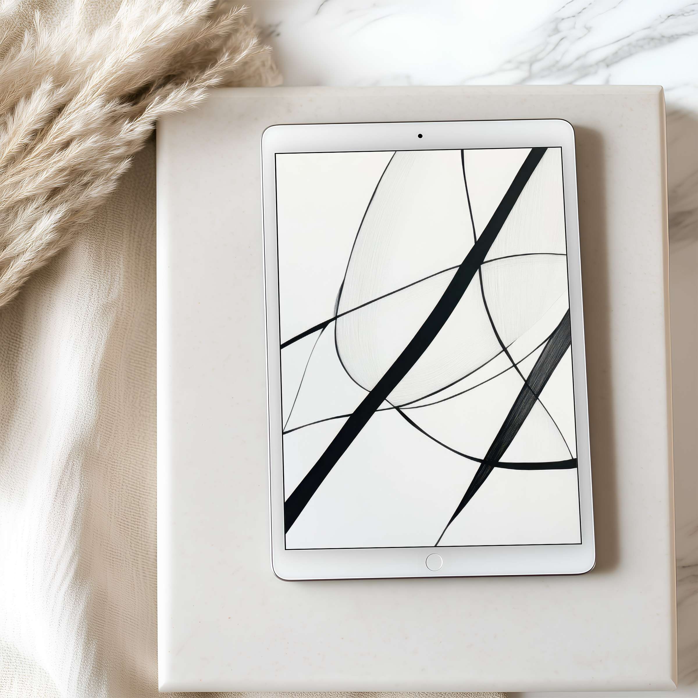 Elegant abstract black and white tablet wallpaper for iPad, offering a serene, high-resolution digital download for any tablet