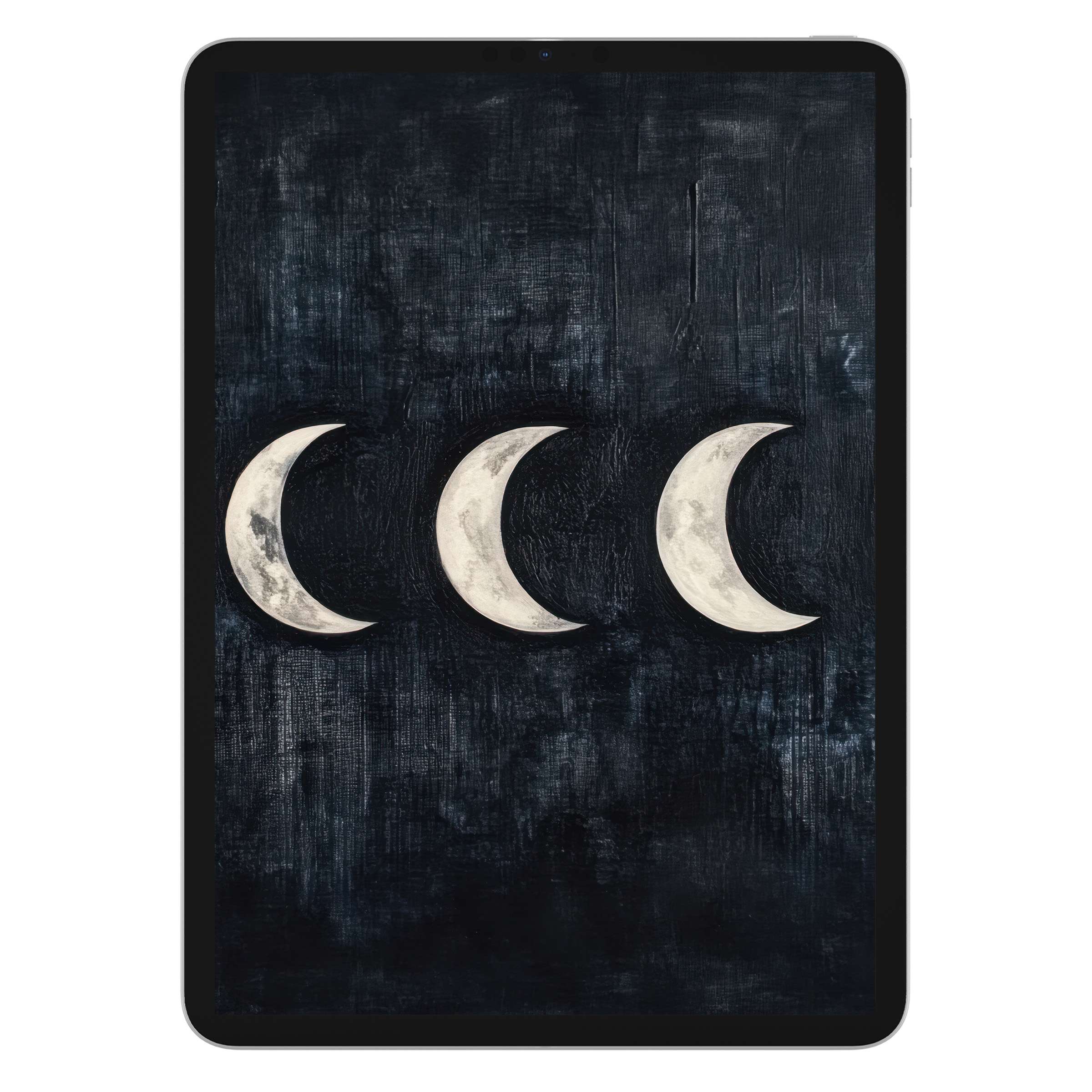 Modern iPad wallpaper features elegant triple crescent moons on a textured dark background, perfect digital download for tablets