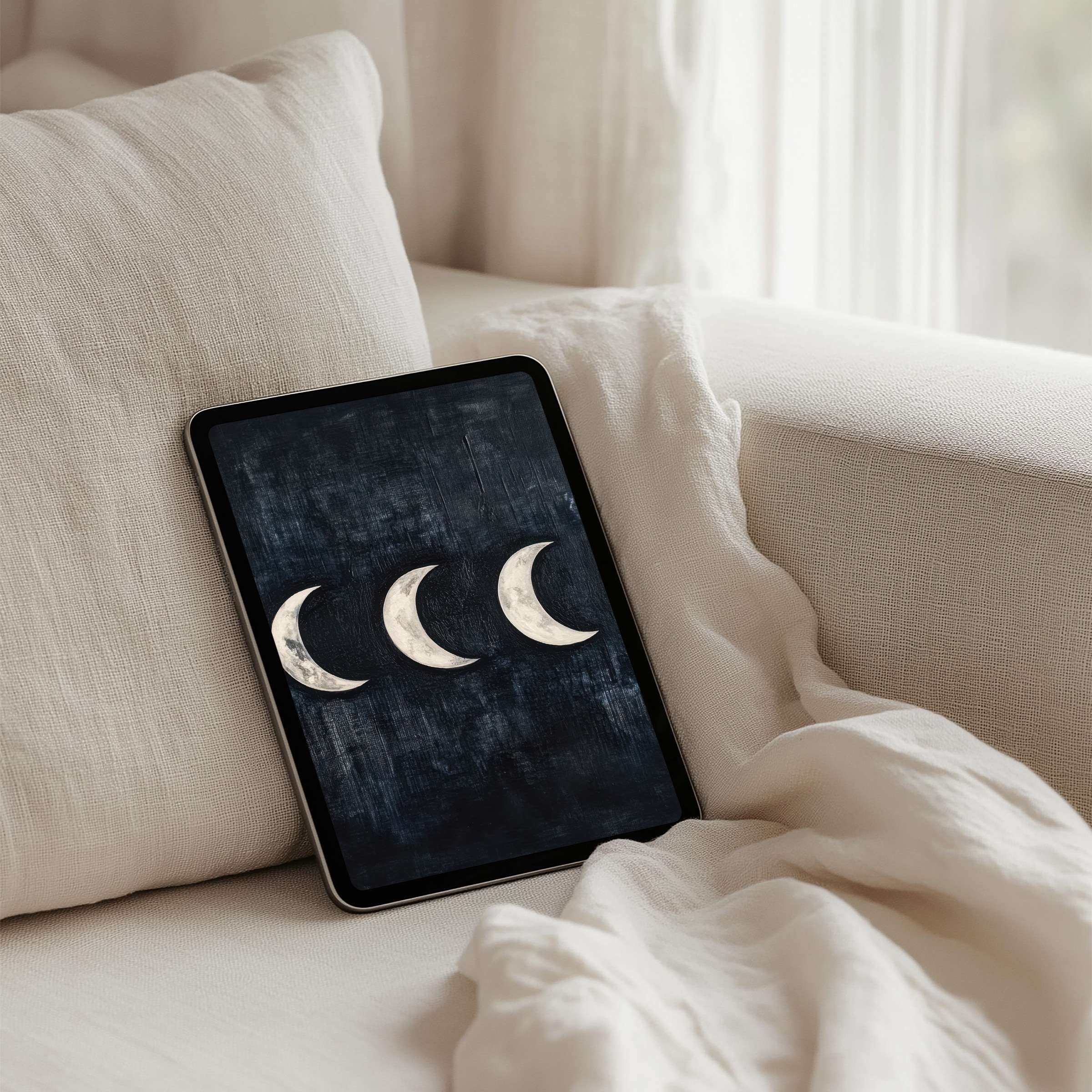 Elegant crescent moon iPad background exudes calm and inspiration ideal for tablet users seeking mindful bliss with instant download