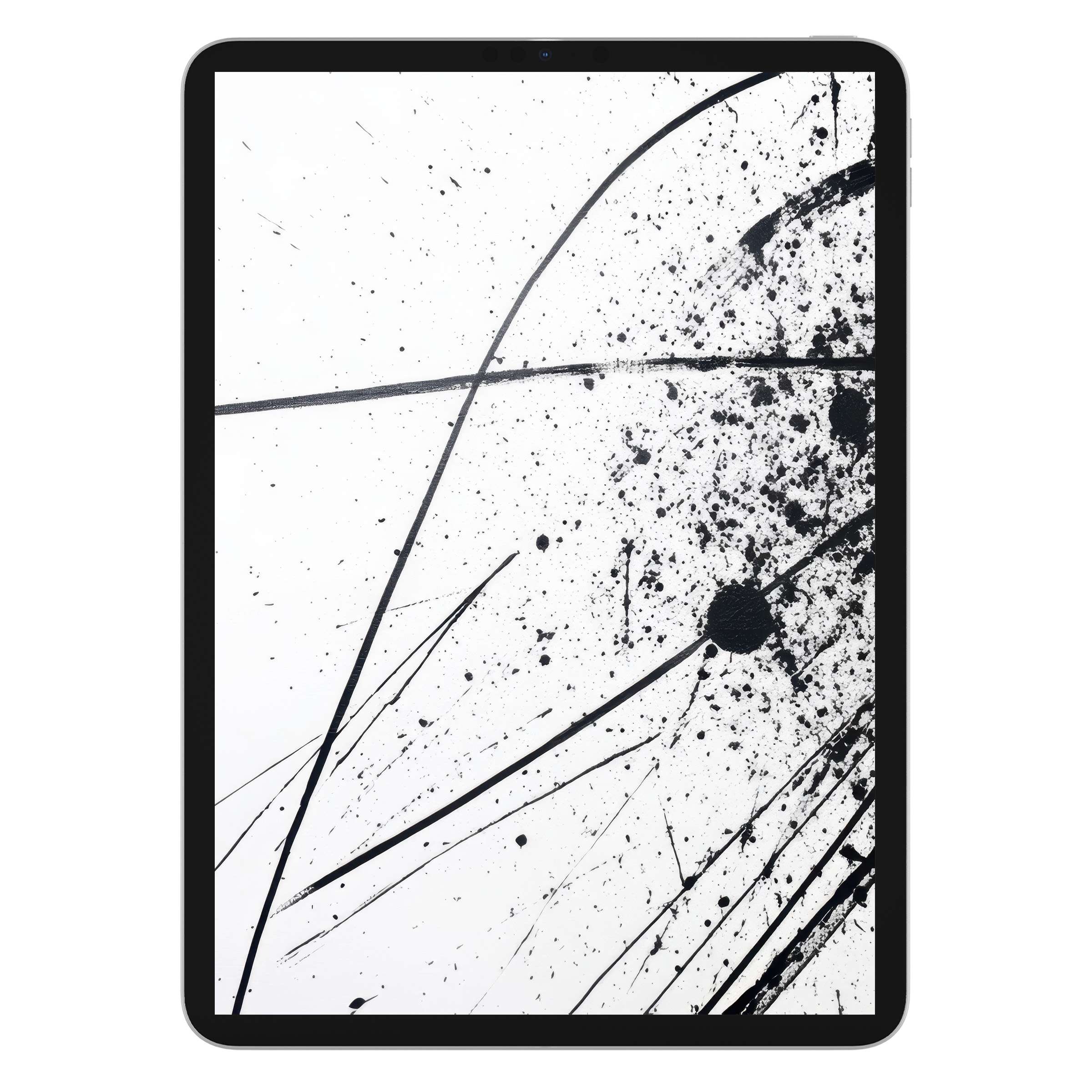 Striking modern iPad wallpaper in abstract black ink splatters on white background ideal for tablet digital download purposes