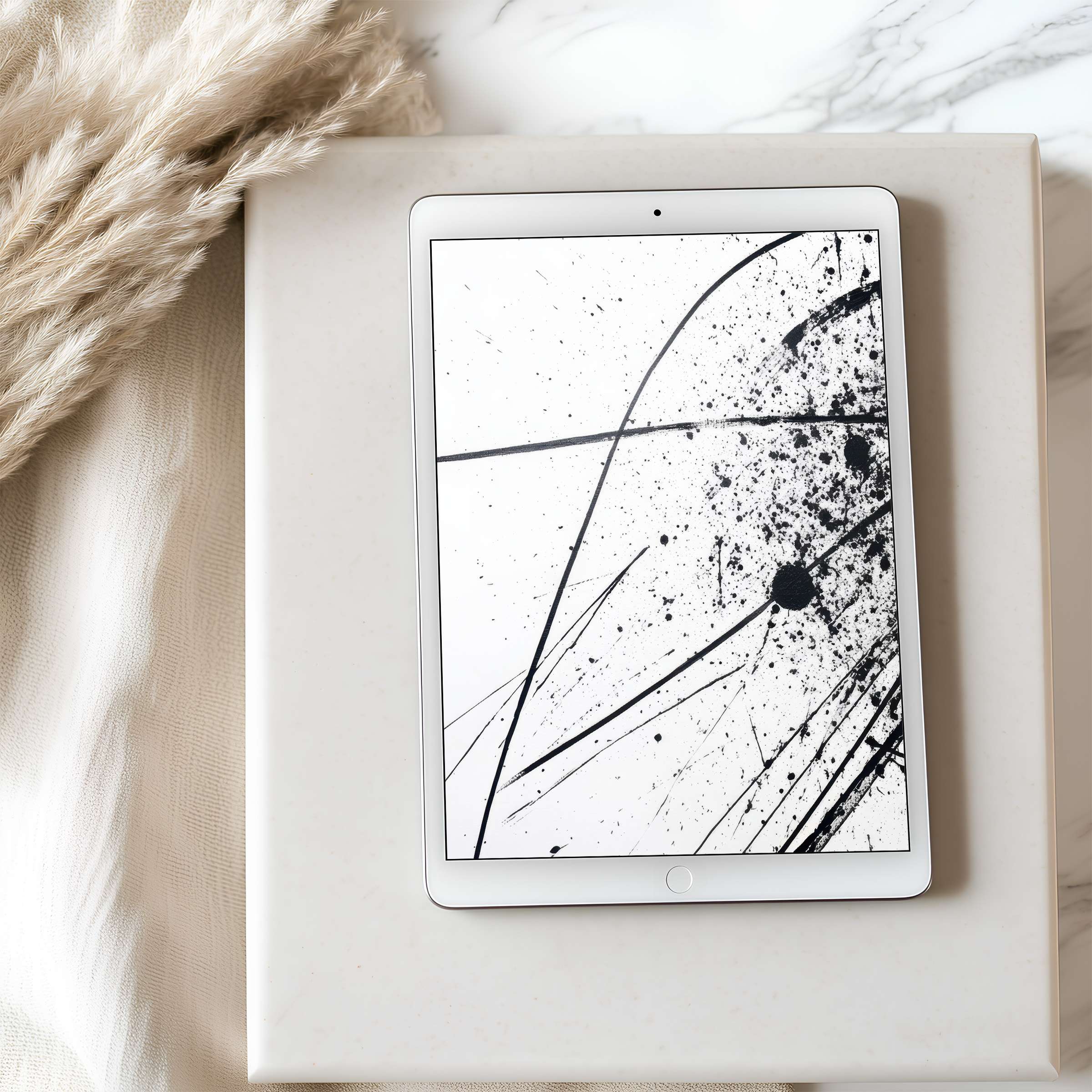 Elegant black and white abstract tablet wallpaper exudes calm on an iPad, perfect for curated high-resolution digital download