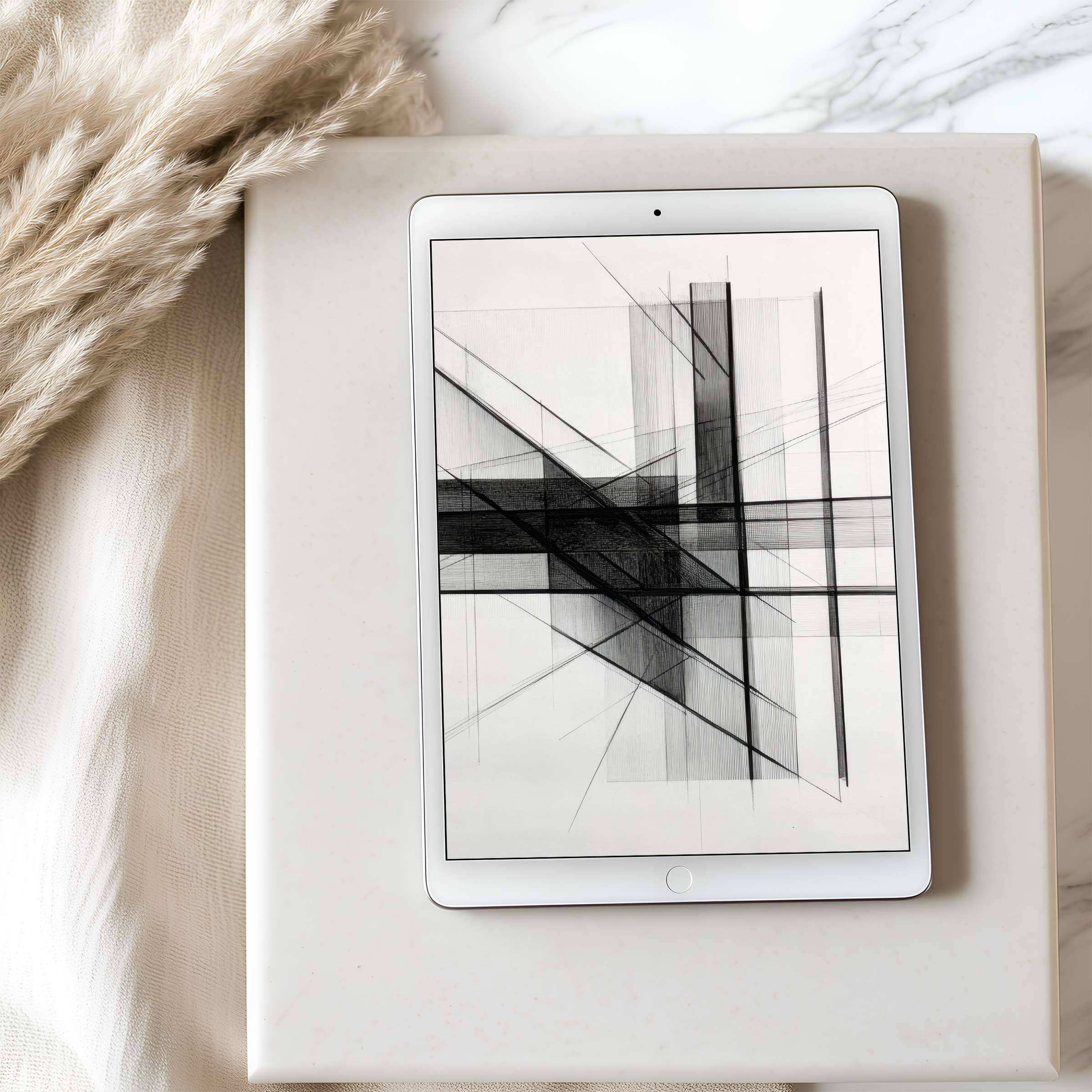 Elegant black and white abstract lines create a calming tablet wallpaper suitable for iPad offering high resolution digital download