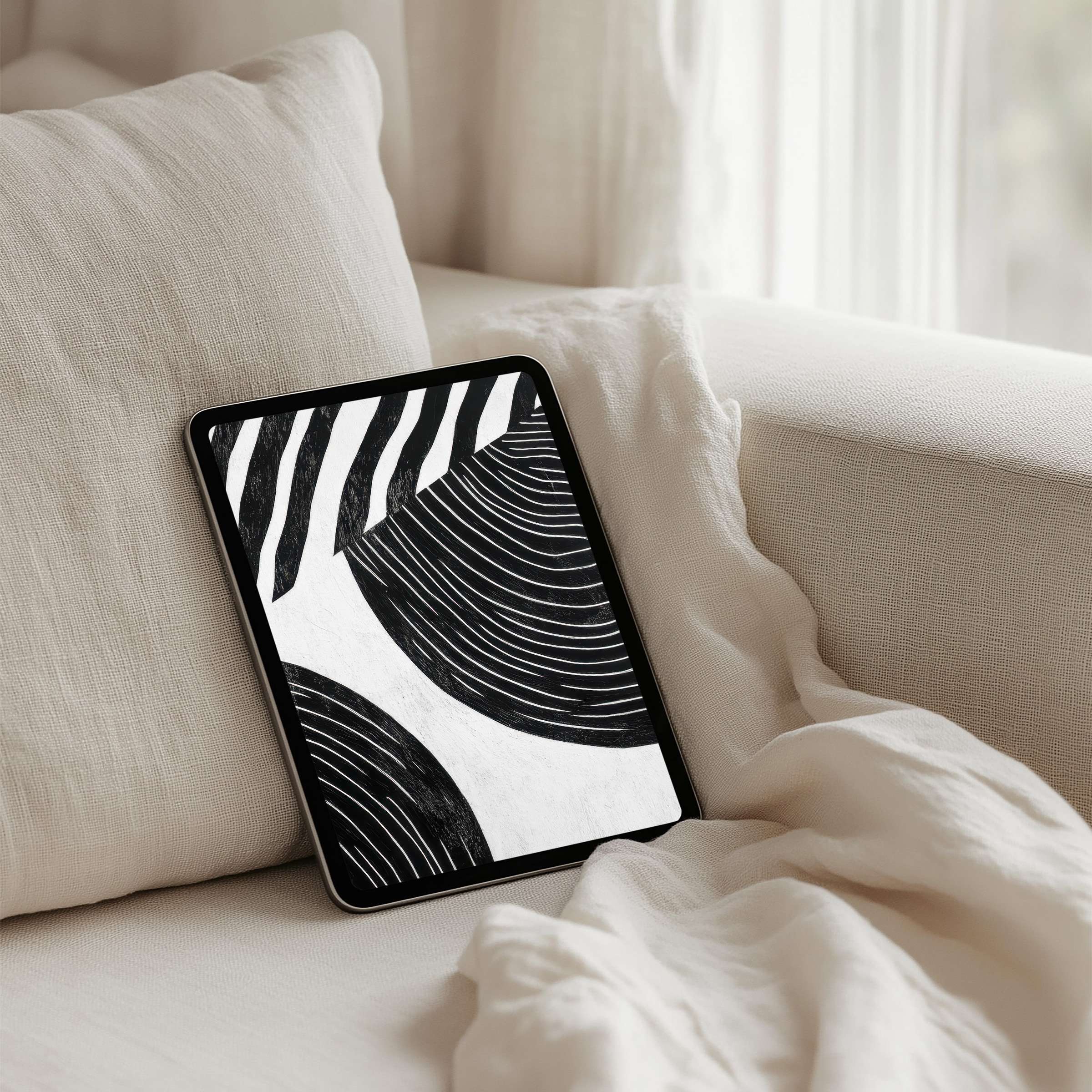 Elegant black-and-white abstract art iPad background perfect for a sleek tablet vibe, offering calm inspiration and instant download