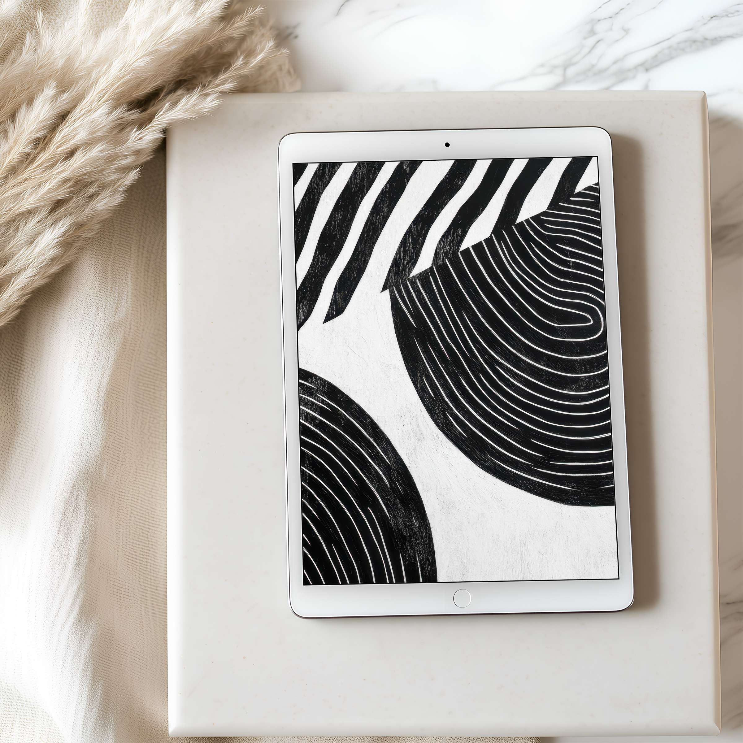 Elegant black and white abstract tablet wallpaper on iPad enhances calm interiors with high resolution digital download for all tablets