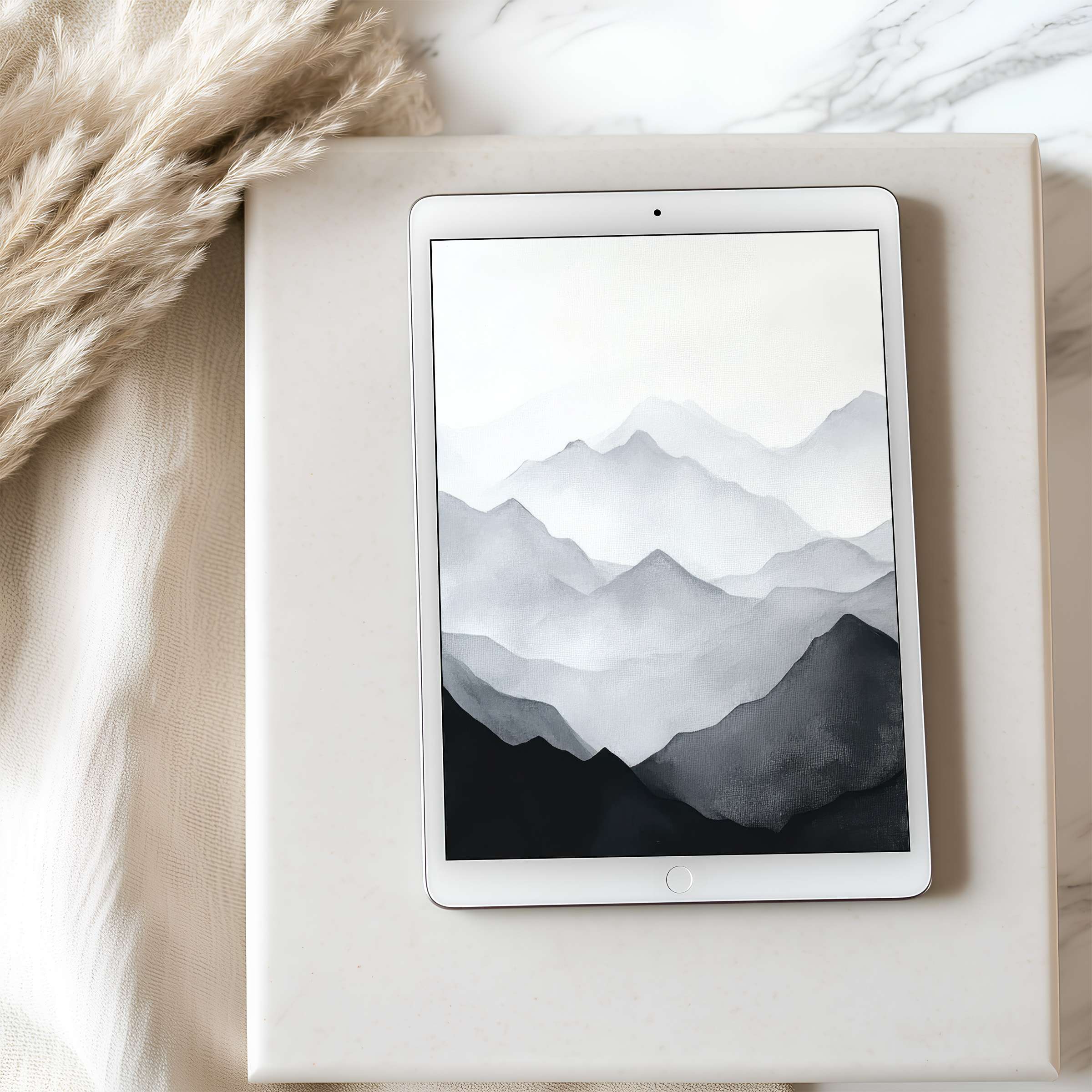 Elegant mountain landscape tablet wallpaper in soft grays, perfect for iPad and Android tablets, offering serene digital download