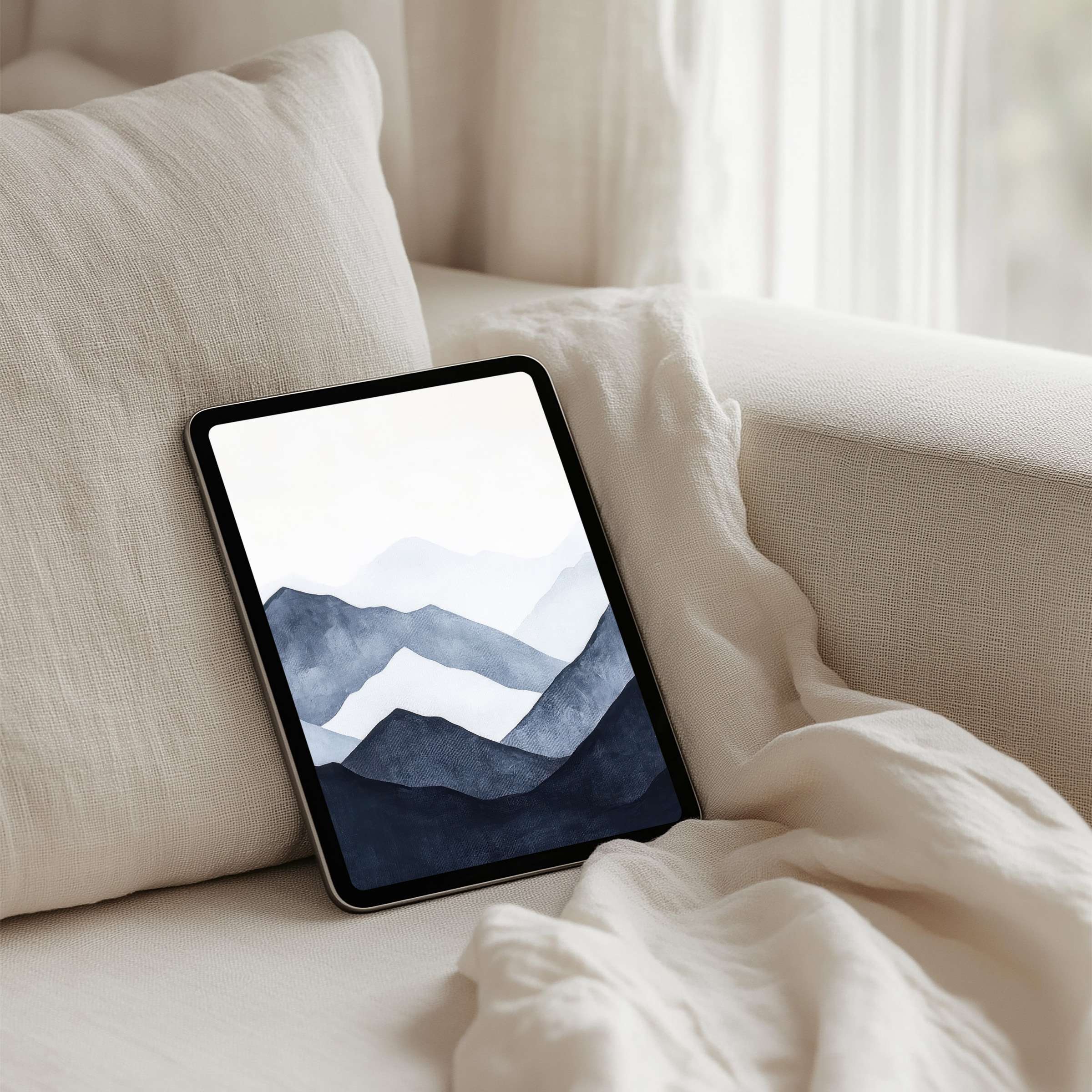 Elegant mountain watercolor iPad background for instant download, ideal for tablet users seeking calm, mindful aesthetics