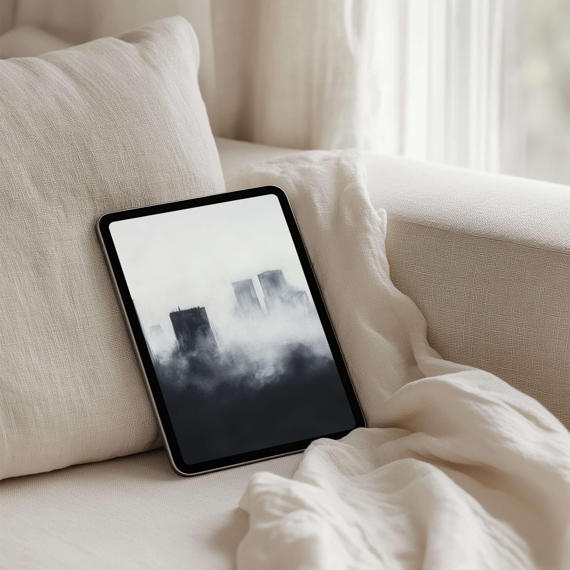 Elegant grayscale cityscape iPad background evokes calm and inspiration Ideal for tablets like Samsung Android Instant download available