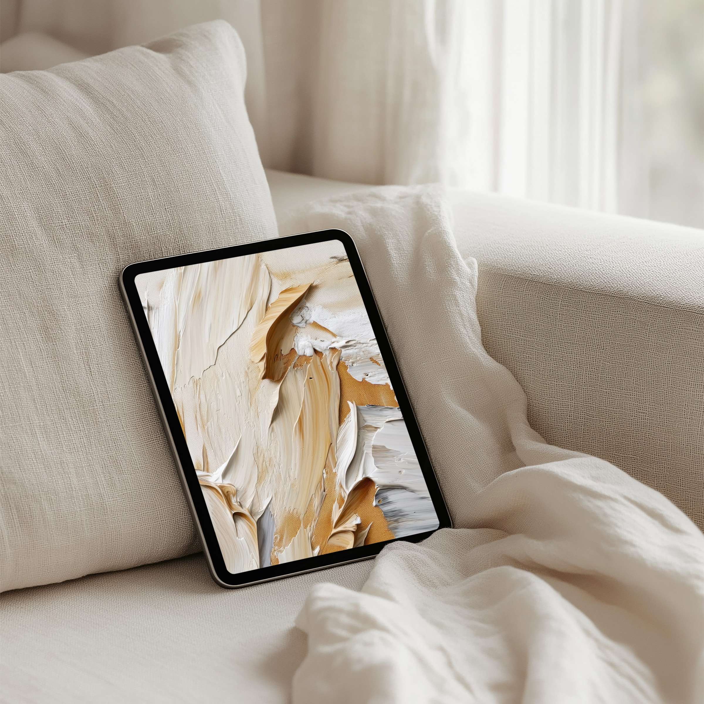 Elegant iPad background with soothing beige and white textures for instant download on any tablet inspiring calm mindfulness