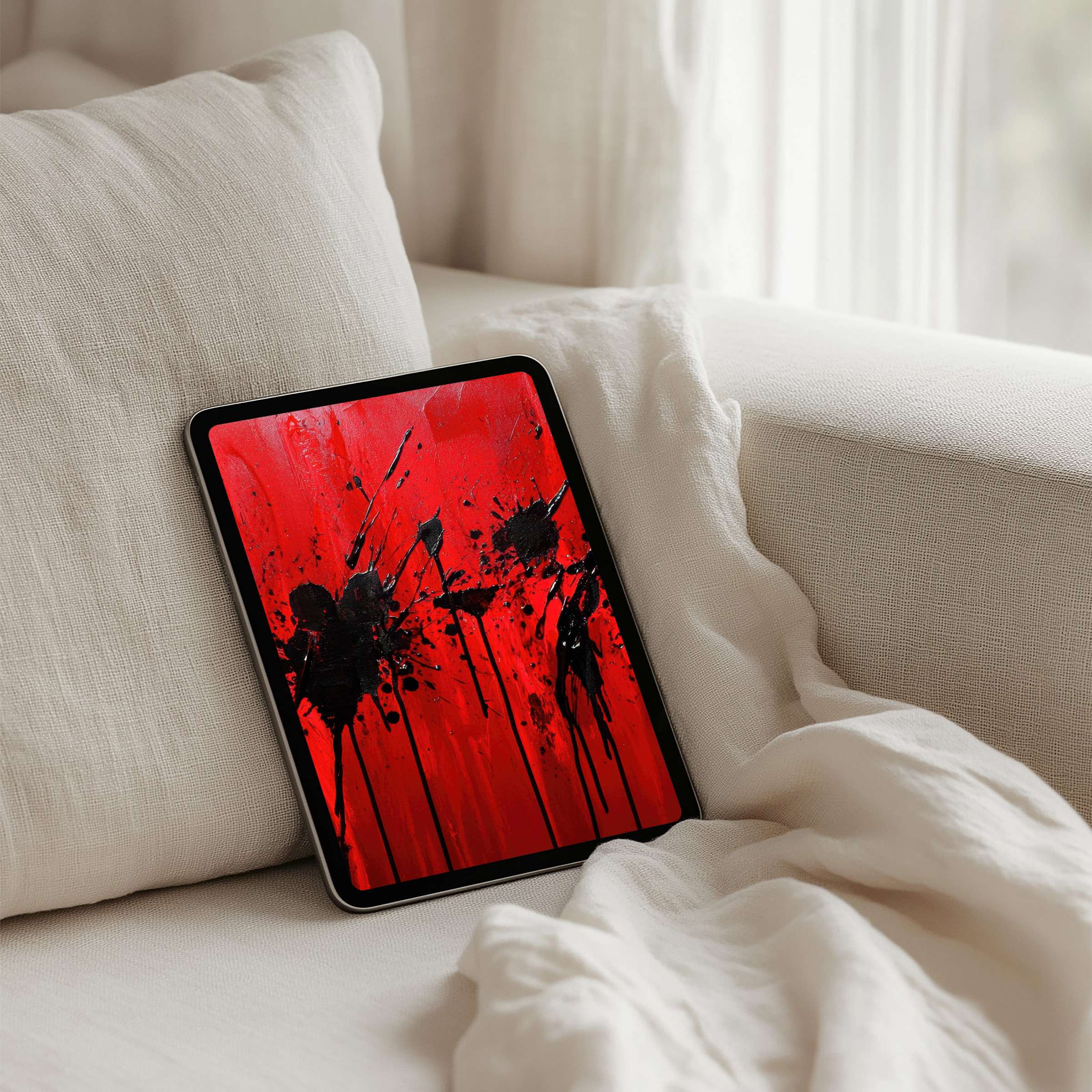 Elegant abstract red and black splash art iPad background for instant download inspiring calm on any tablet including Samsung Android