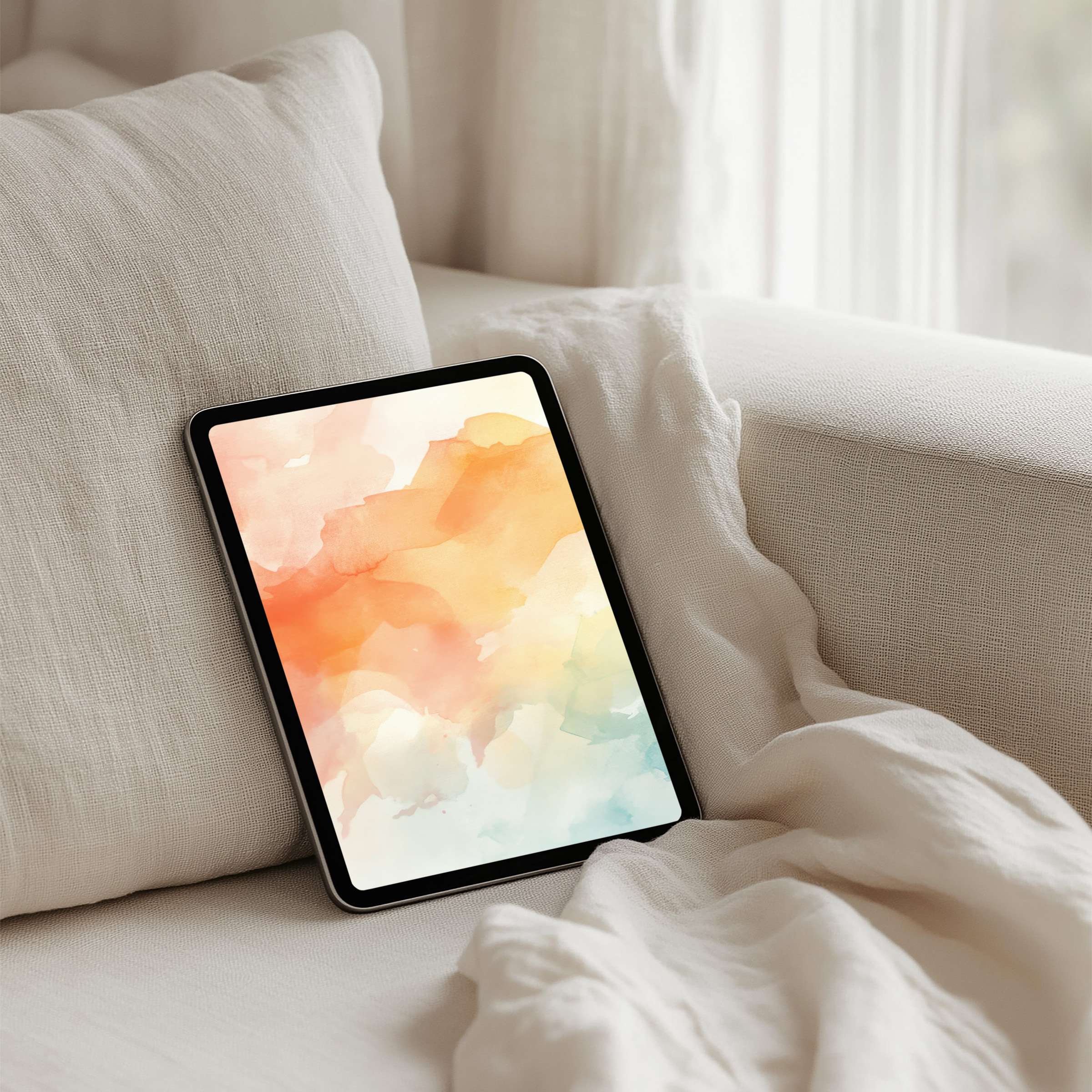 Elegant watercolor iPad background in soothing pastels offers instant download for tablets creating a calm and mindful ambiance