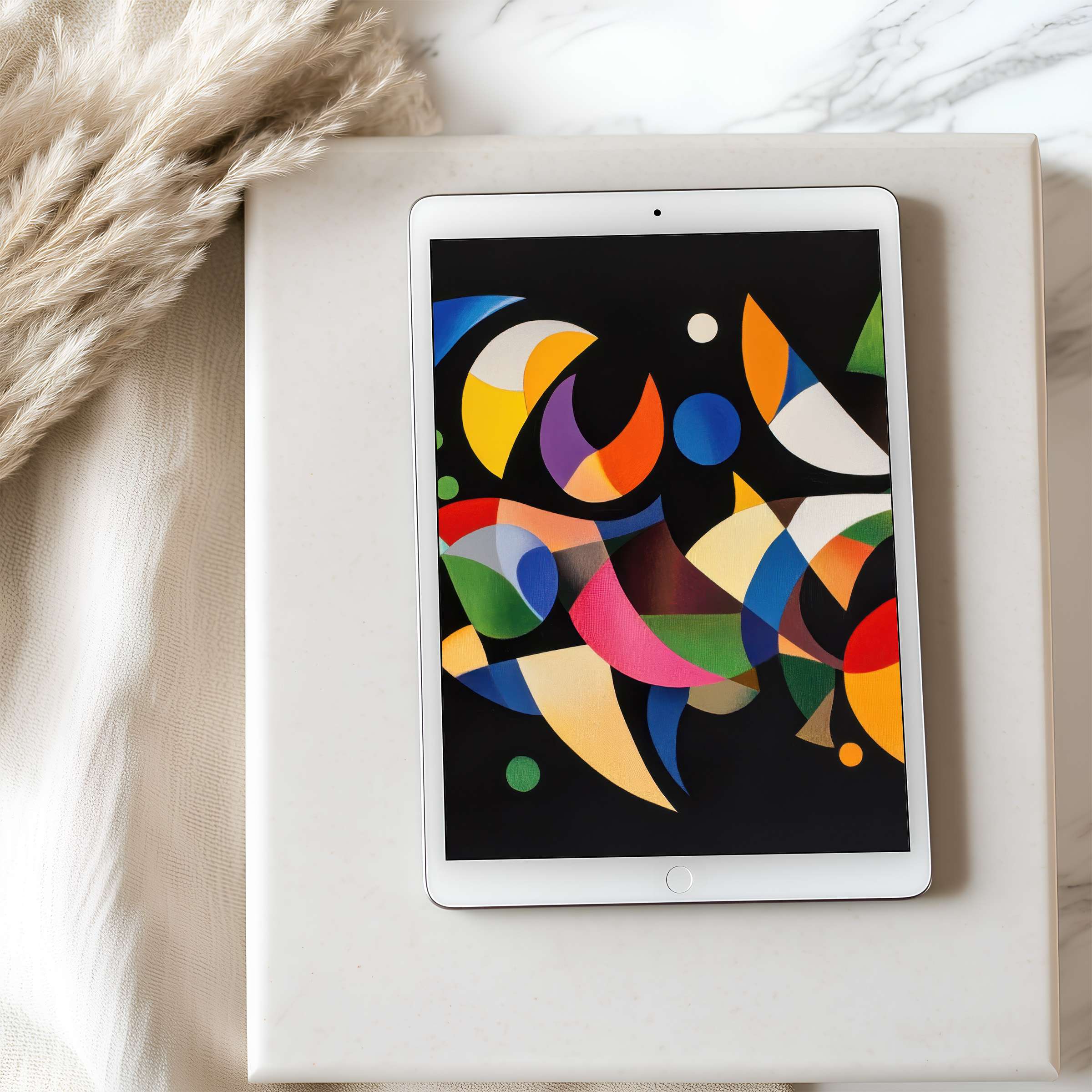 Curated abstract art tablet wallpaper in vibrant hues enhances your iPad’s high resolution, offering calming elegance for digital download
