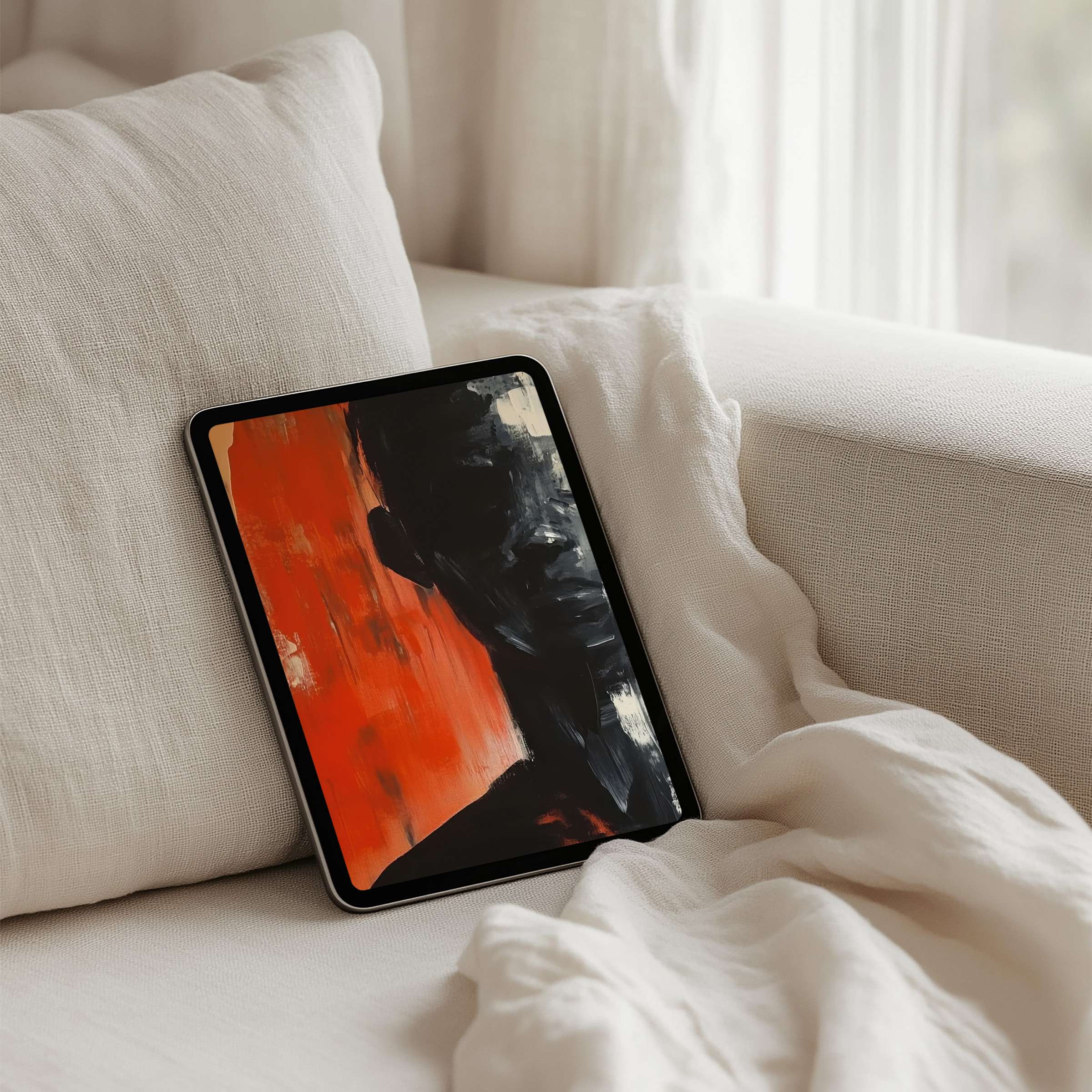 Elegant abstract art with bold orange and black tones enhances a calm iPad background perfect for any tablet instant download