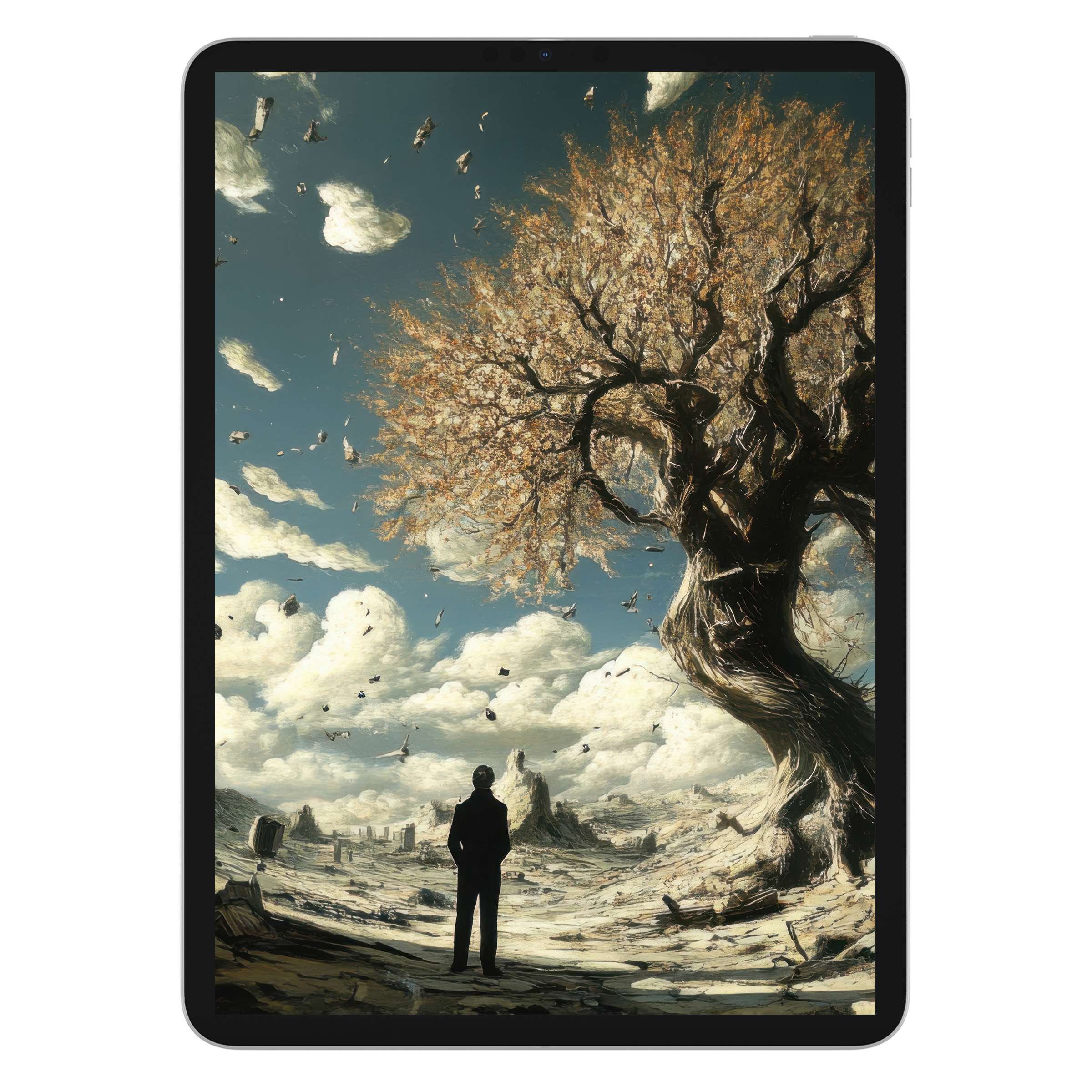 Serene modern iPad wallpaper featuring a lone silhouette under a majestic tree, ideal for tablet backgrounds and digital download use