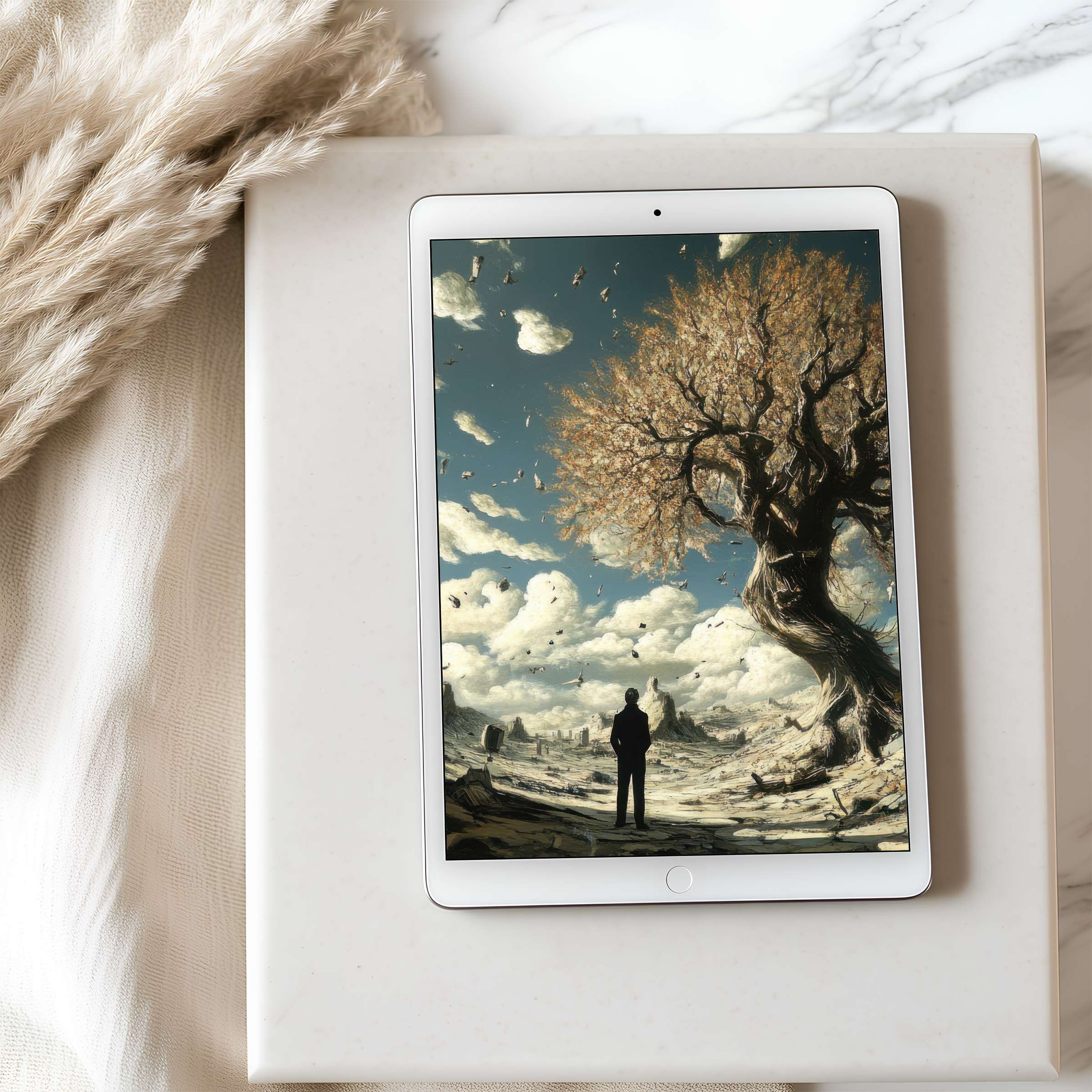 Elegant tablet wallpaper displaying a majestic tree under a serene sky, perfect for iPad and Android in high resolution download