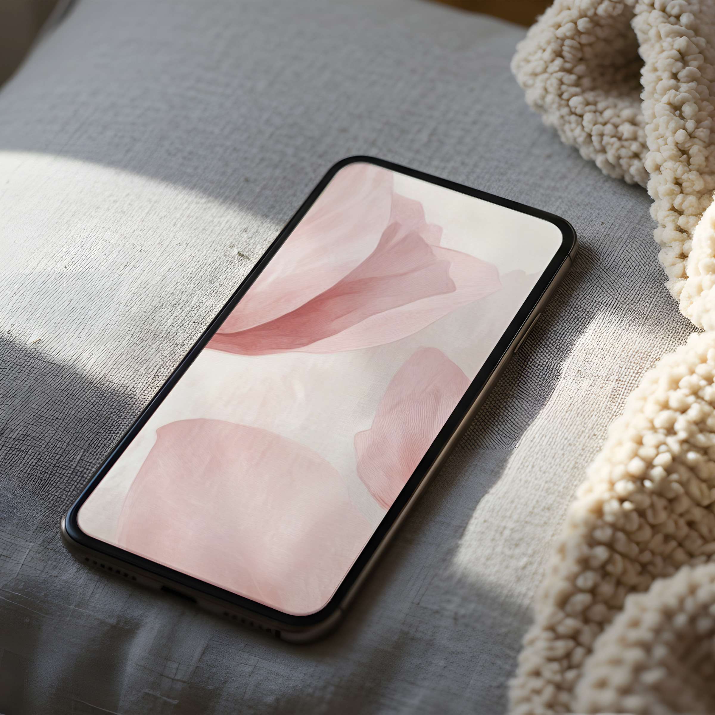 Elegant phone wallpaper featuring soft pink abstract petals on a cozy bed setting offers calm beauty for iPhone and Android users