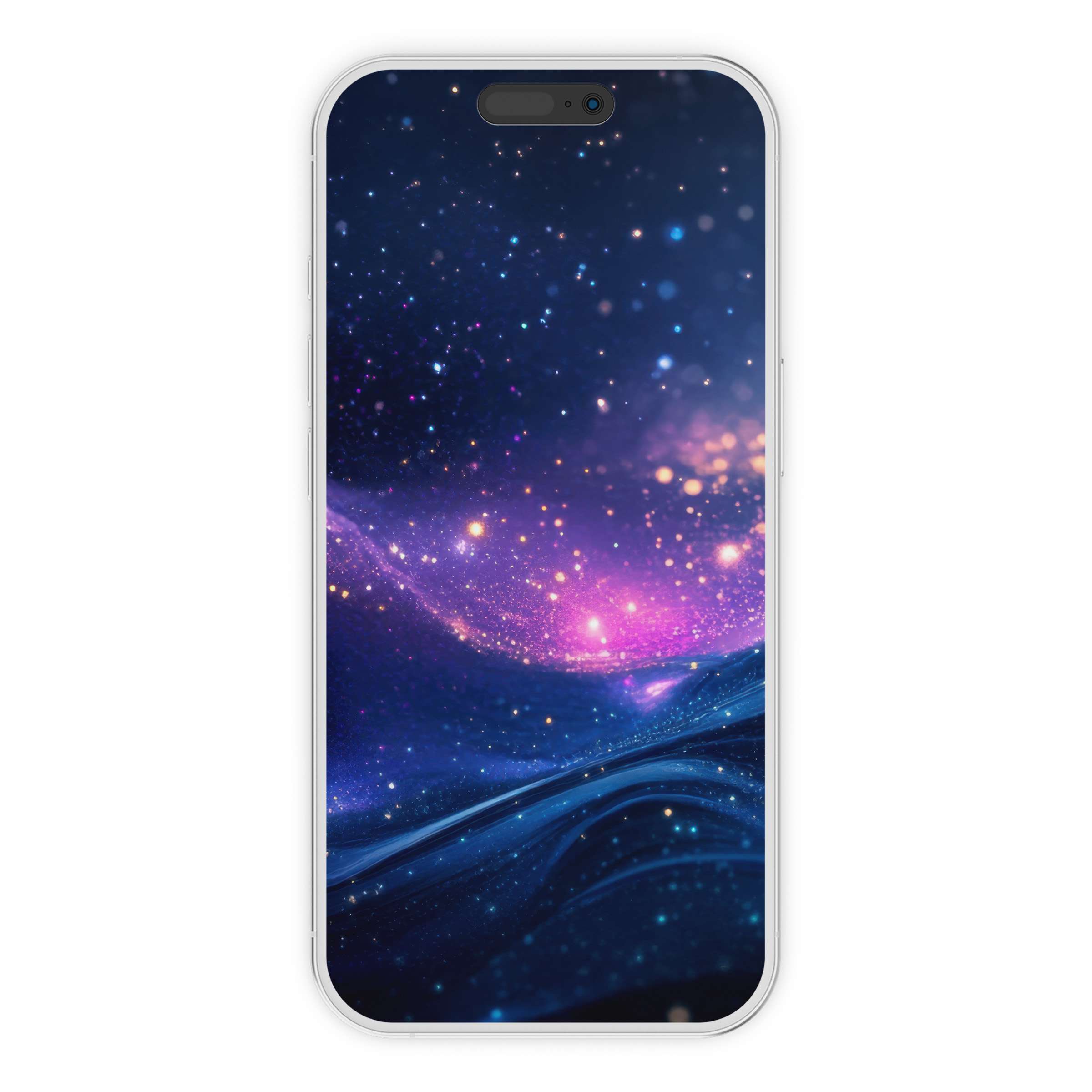 Elegant modern iPhone wallpaper featuring a starry galaxy with deep blues and pinks, perfect digital download for phone backgrounds