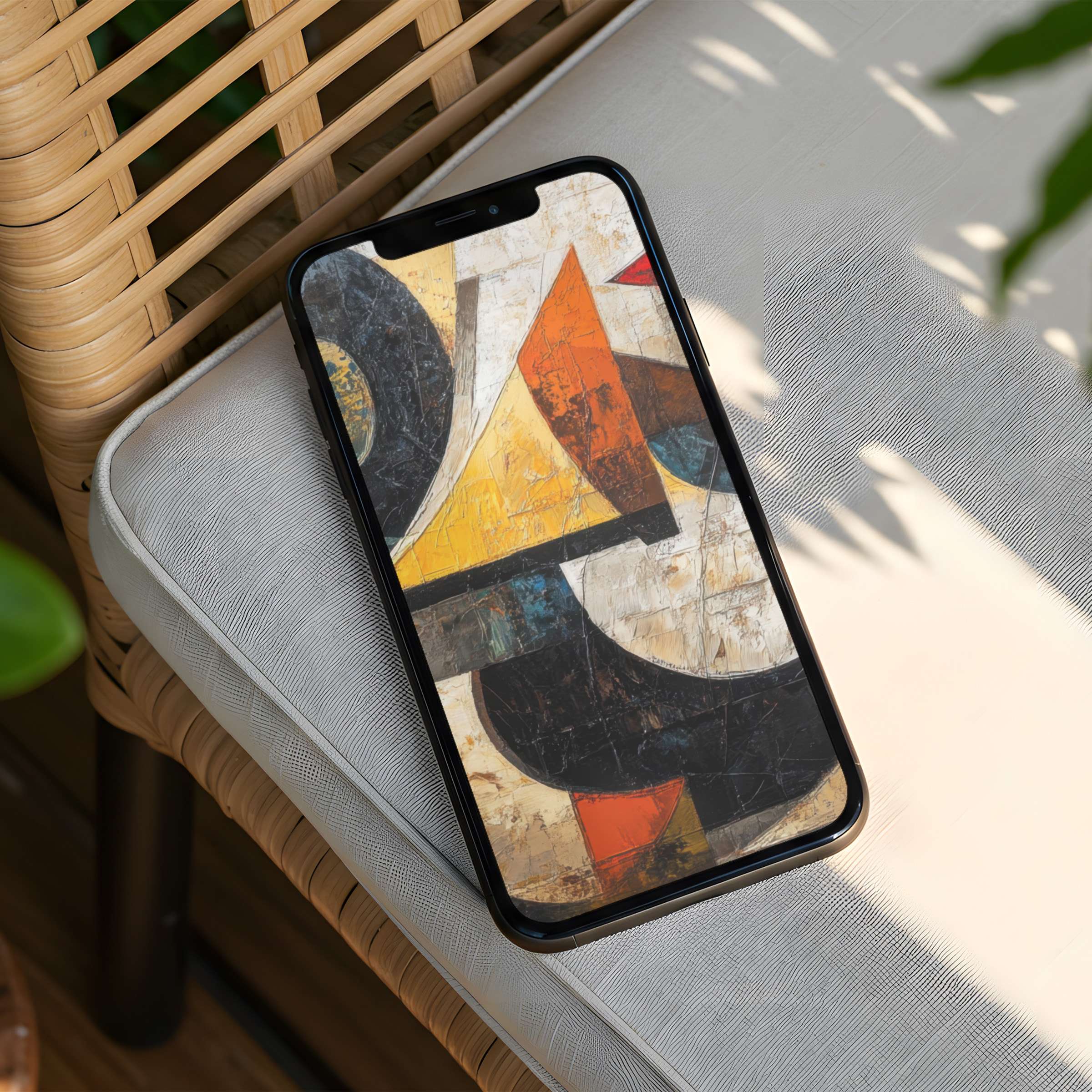 Modern abstract iPhone background in warm beige, black, and orange tones evokes calm and inspiration for instant download to your phone