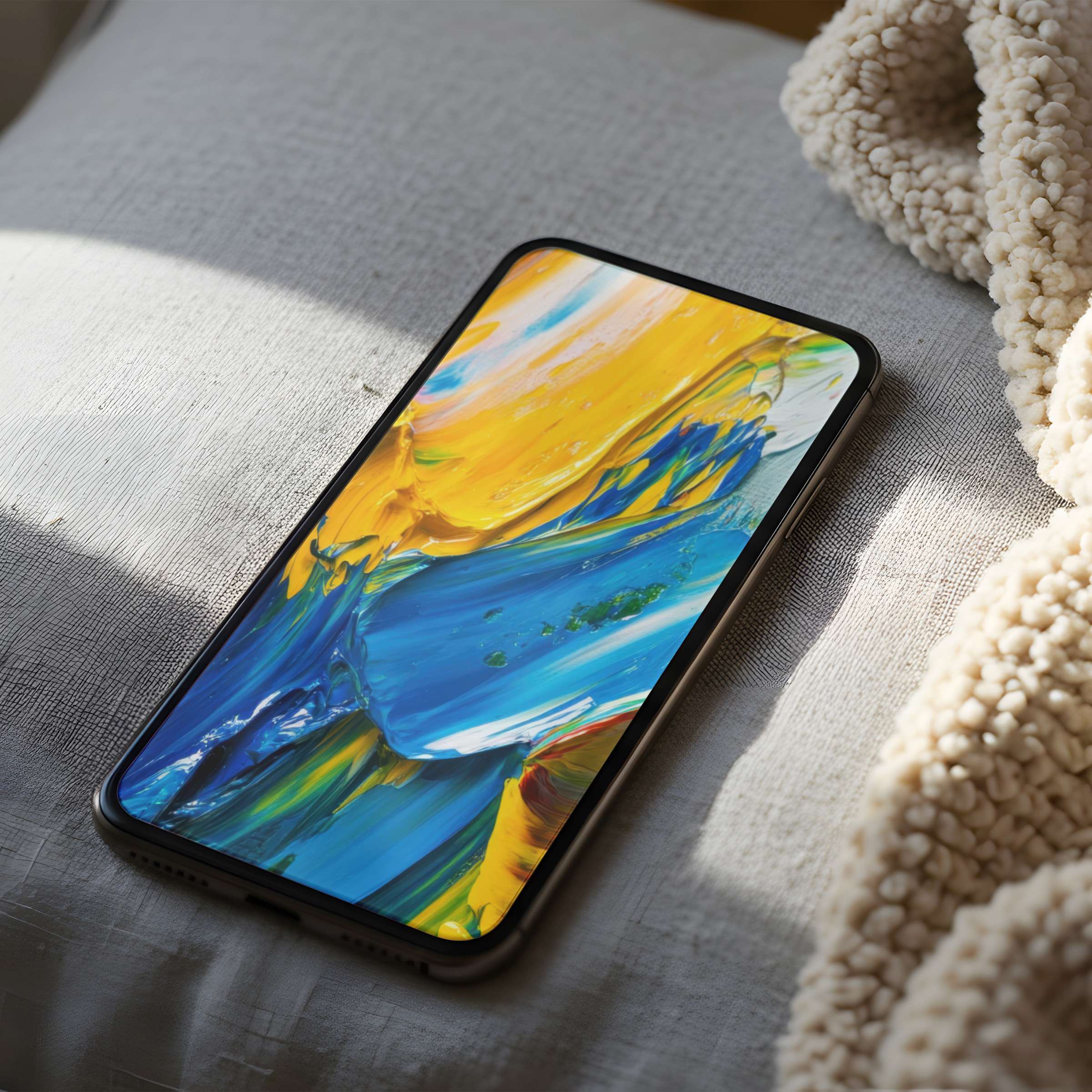 Elegant abstract phone wallpaper featuring vivid blue and yellow brushstrokes, perfect for high-resolution iPhone or Android download