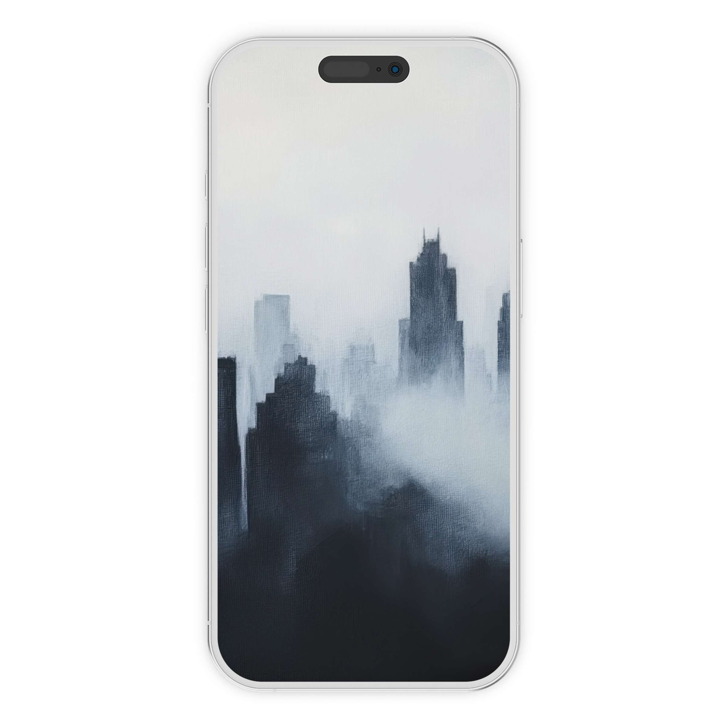 Elegant modern iPhone wallpaper featuring a misty cityscape in grayscale, offering a calming background for phone screens digital download