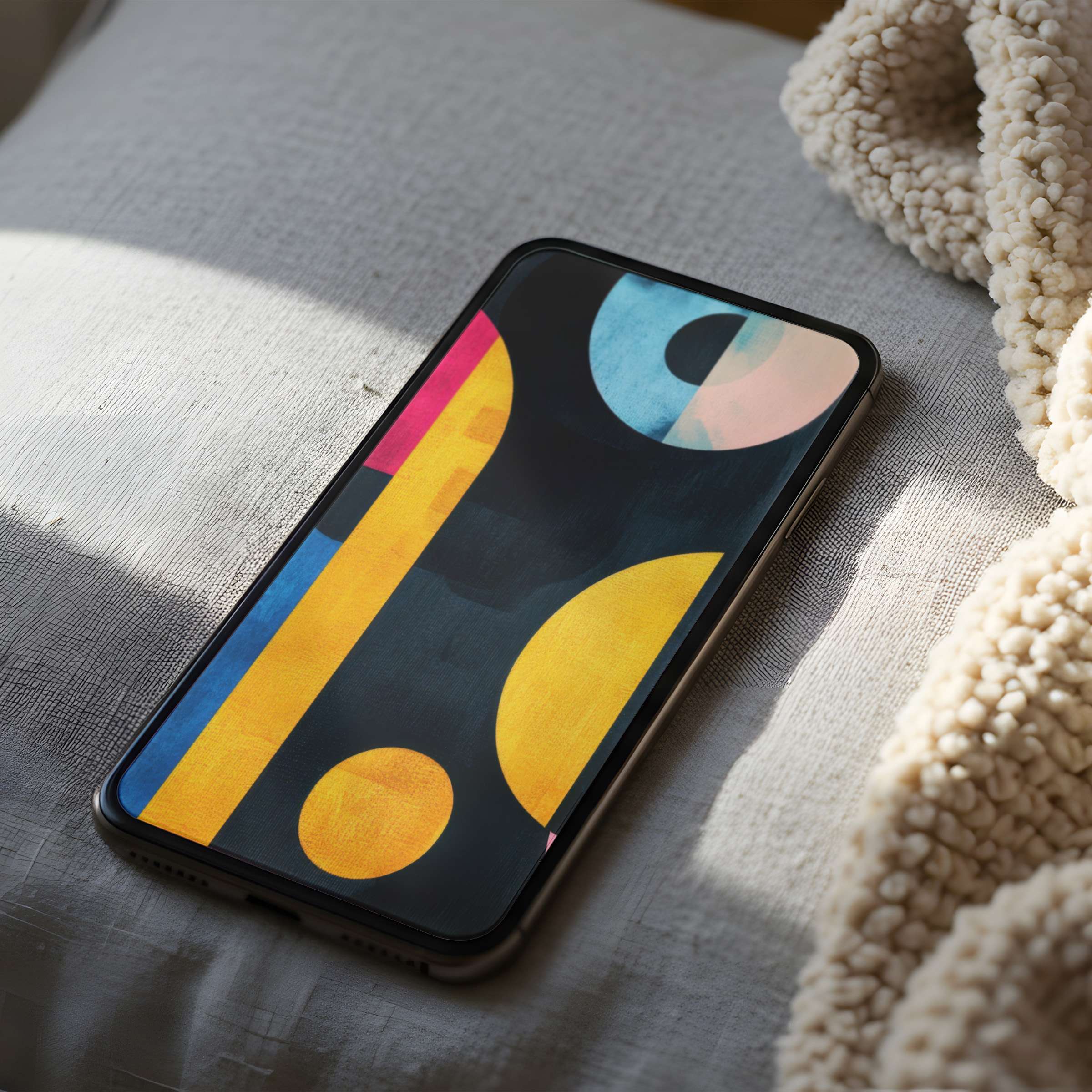 Elegant abstract phone wallpaper with bold geometric shapes and calming hues, high resolution for iPhone and Android digital download
