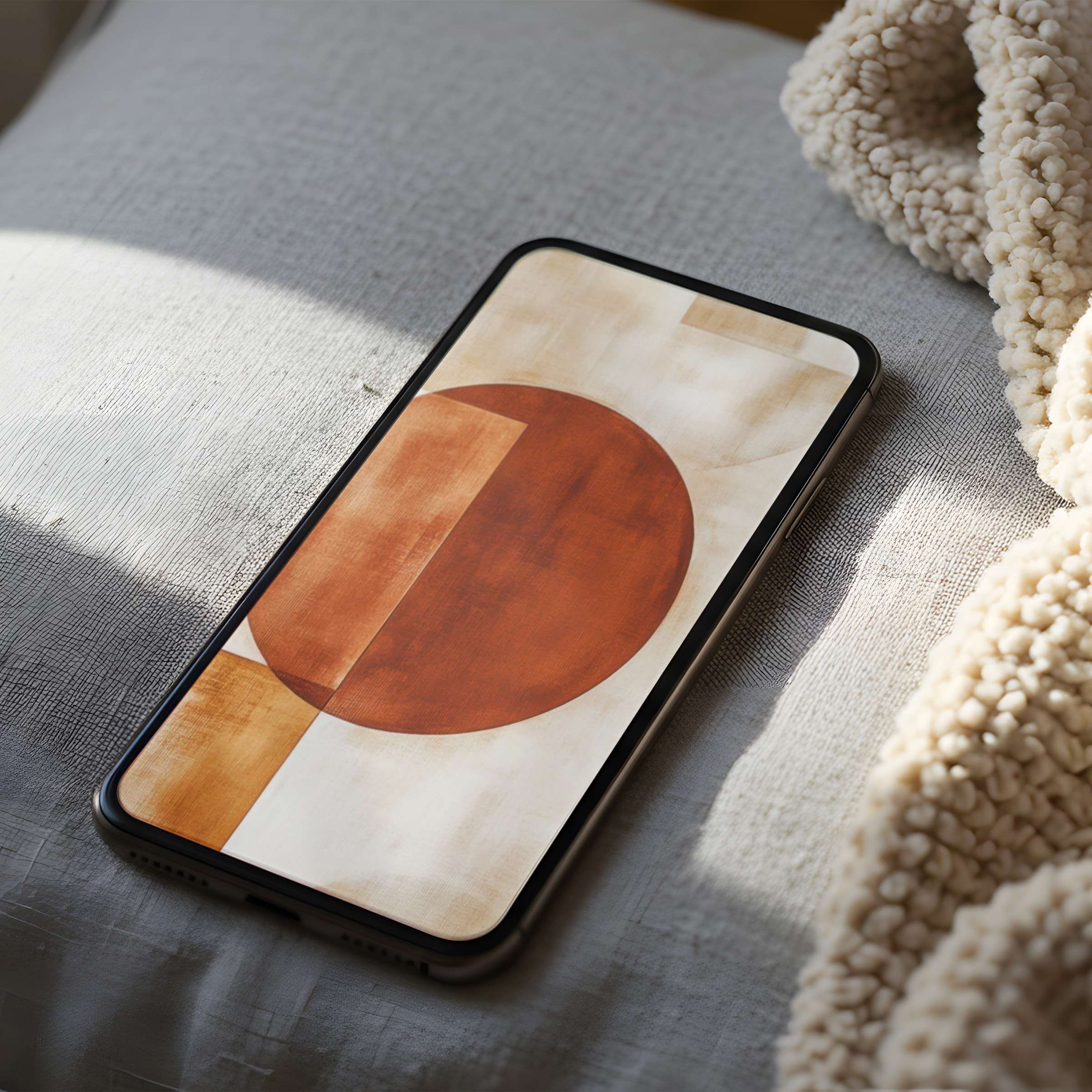 Curated phone wallpaper with earthy geometric abstract design on linen surface offers high resolution download for iPhone and Android users