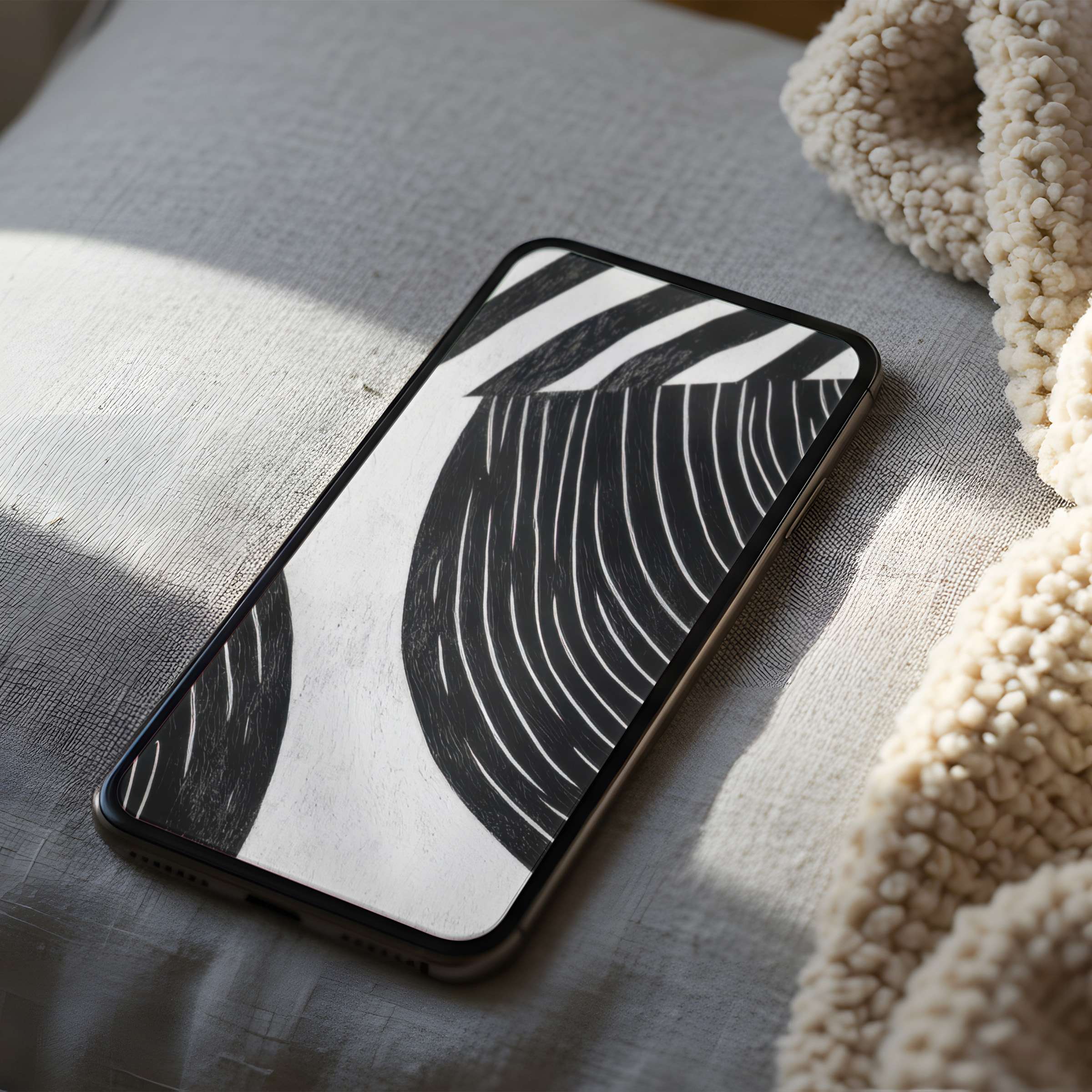 Elegant black and white abstract design phone wallpaper on cozy bed in high resolution for iPhone and Android digital download