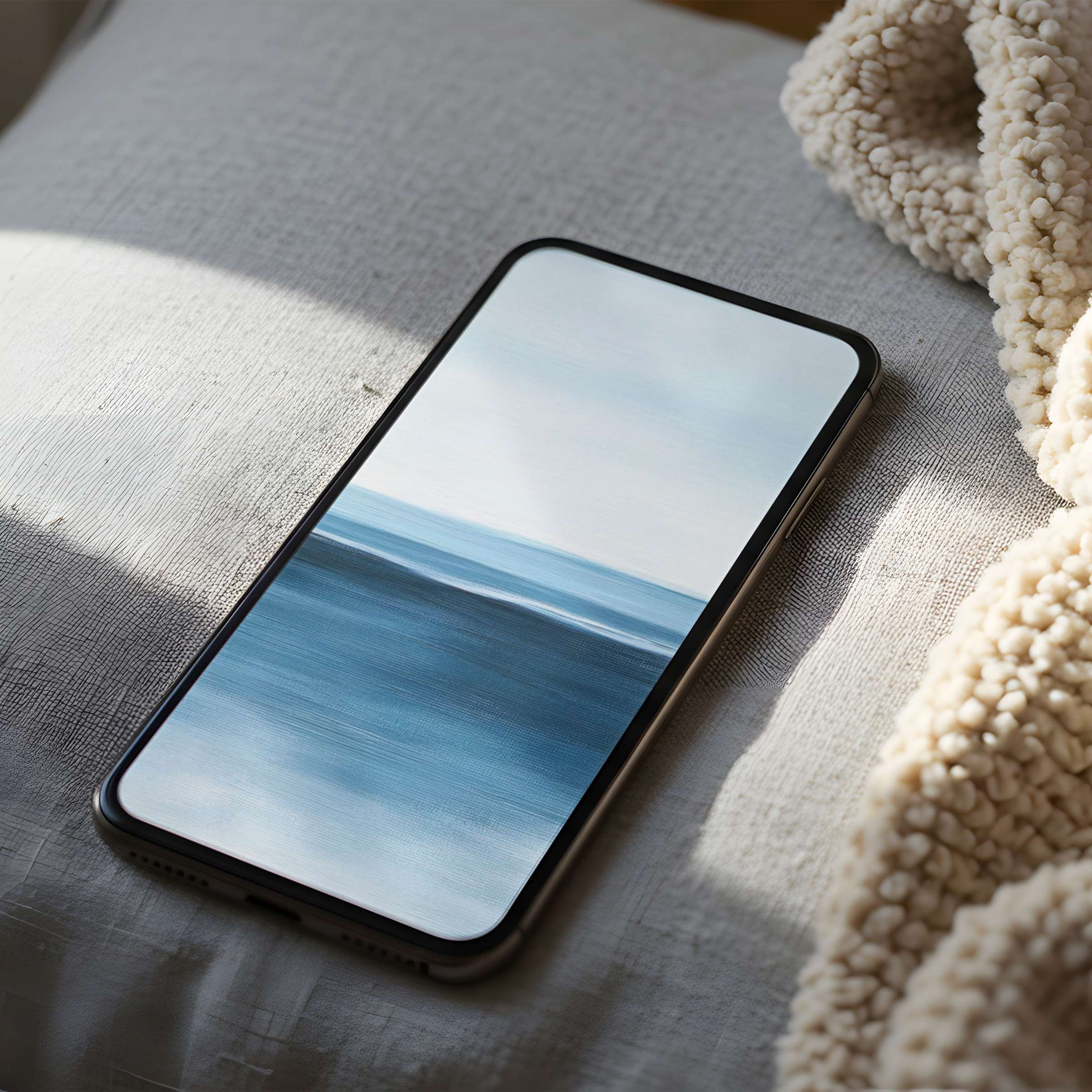 Elegant ocean-inspired phone wallpaper with calming blue hues set against a soft, neutral backdrop, perfect for iPhone and Android users seeking a high-resolution digital download