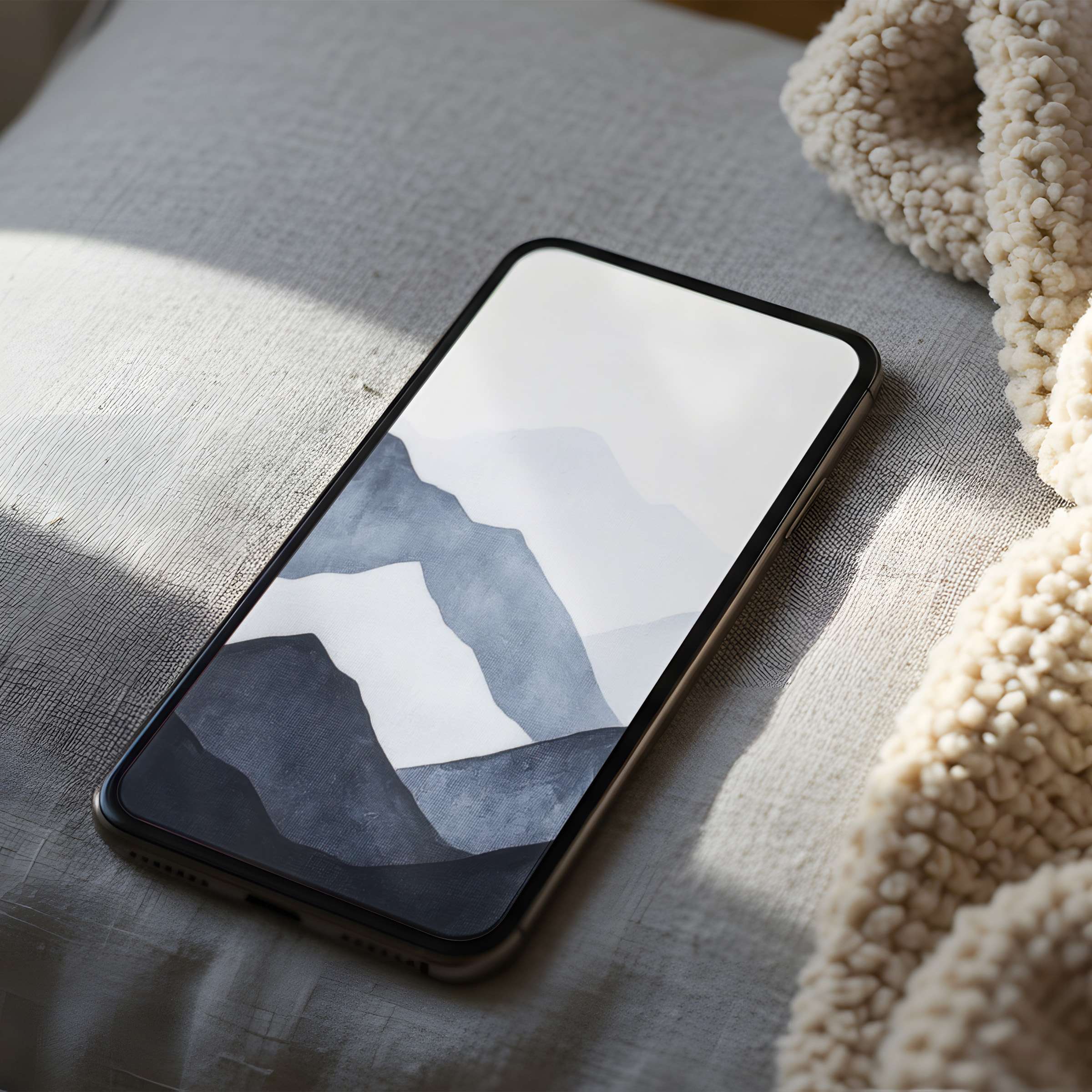 Elegant phone wallpaper featuring minimalist mountain silhouettes in soothing grays on a cozy fabric background perfect for digital download