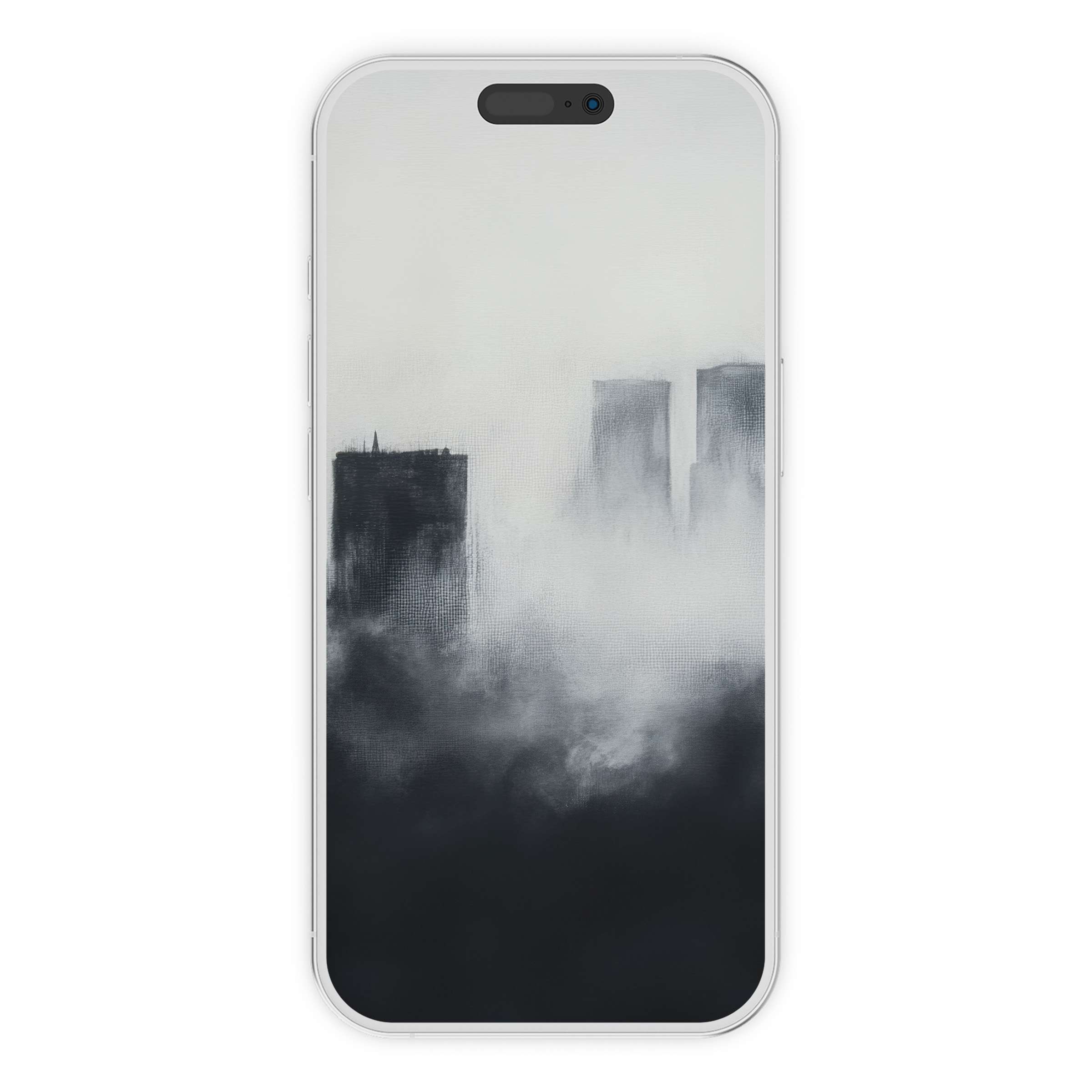 Moody cityscape modern iPhone wallpaper offers a serene phone background in grayscale digital download for all devices