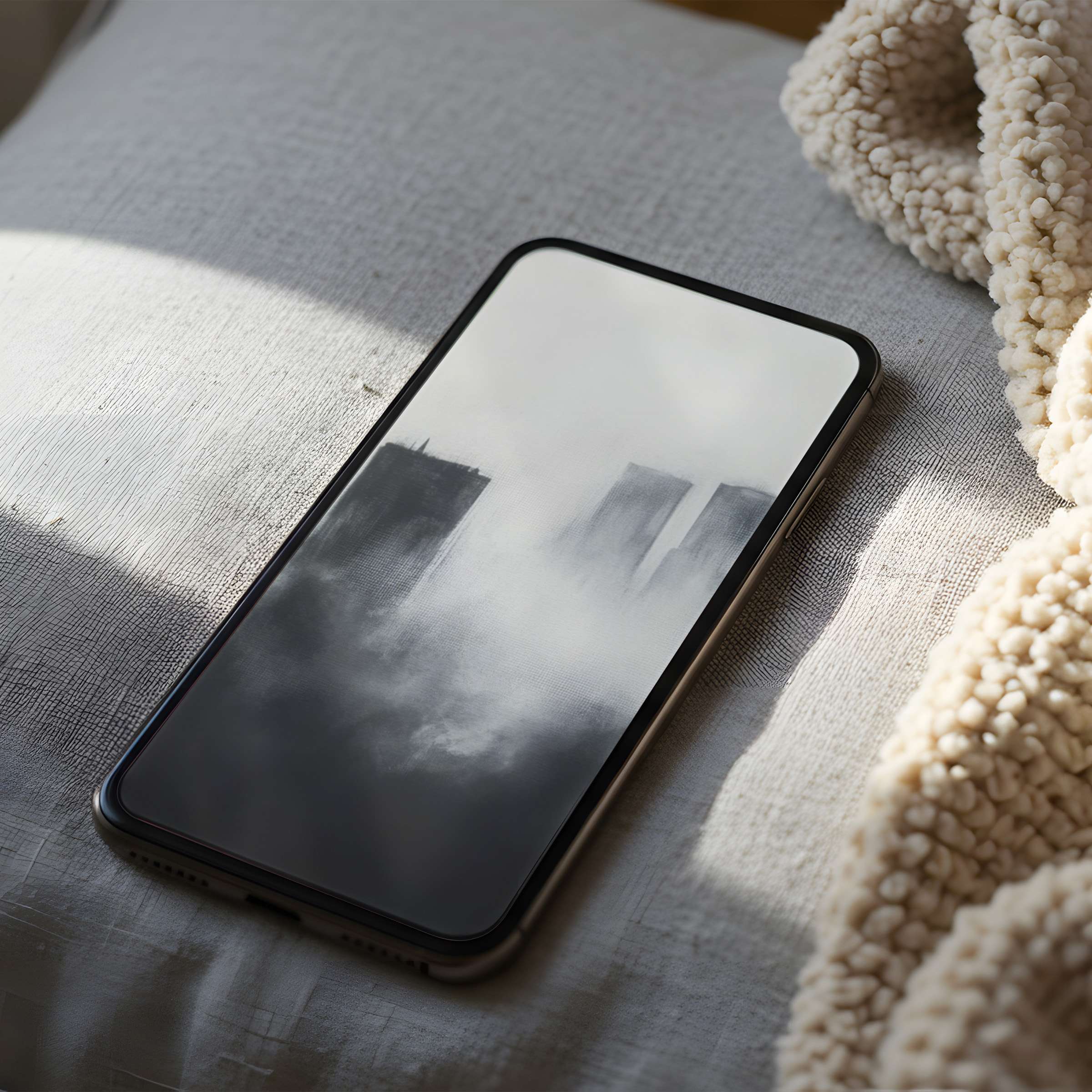 Serene phone wallpaper featuring a foggy cityscape in monochrome tones, ideal for iPhone or Android, offering calm elegance in high resolution