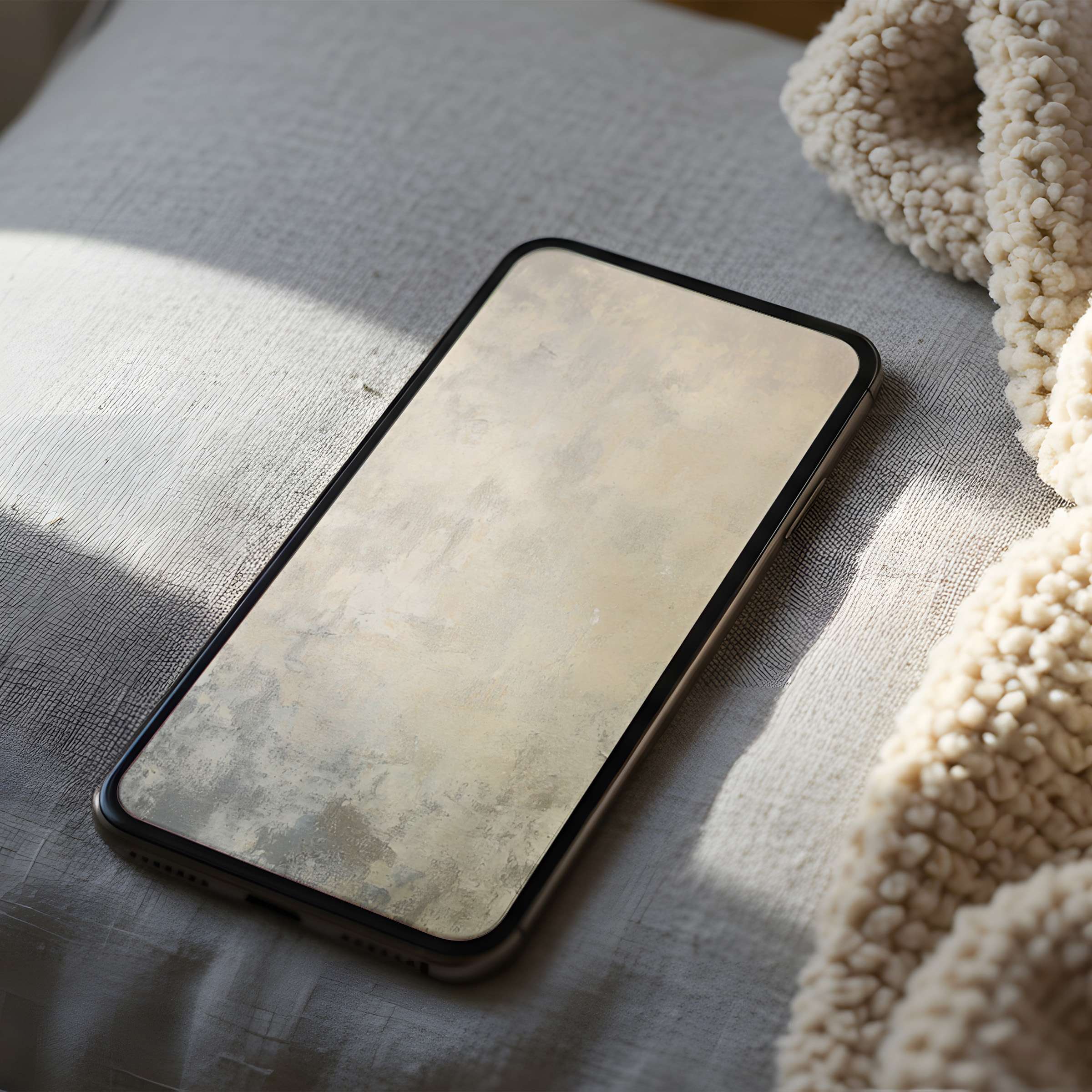Elegant abstract phone wallpaper with soft neutral tones reflecting sunlight on a cozy textured blanket suitable for iPhone and Android
