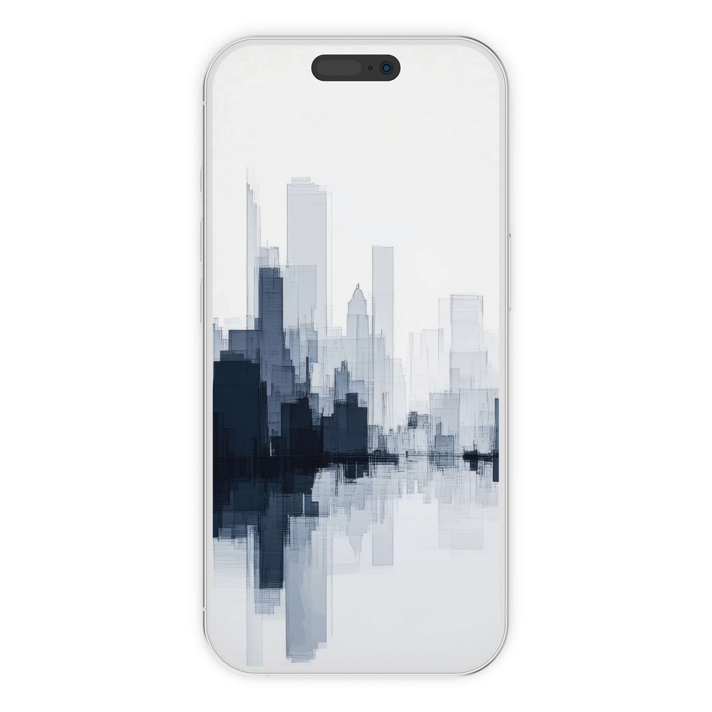 Modern iPhone wallpaper with abstract cityscape in serene blue tones offers a calming phone background for digital download enthusiasts