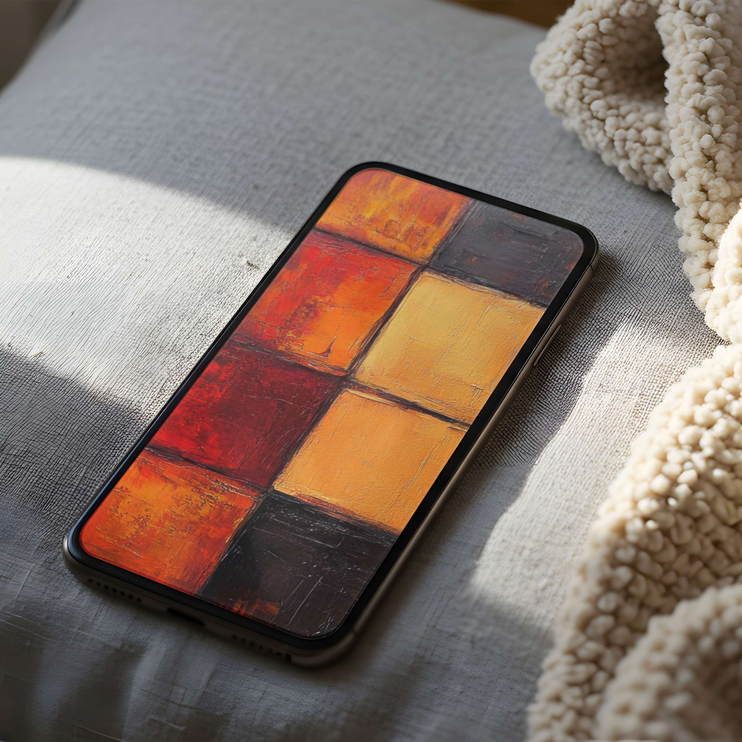 Elegant phone wallpaper featuring warm abstract blocks of orange and red, perfect for iPhone and android, inspiring digital download