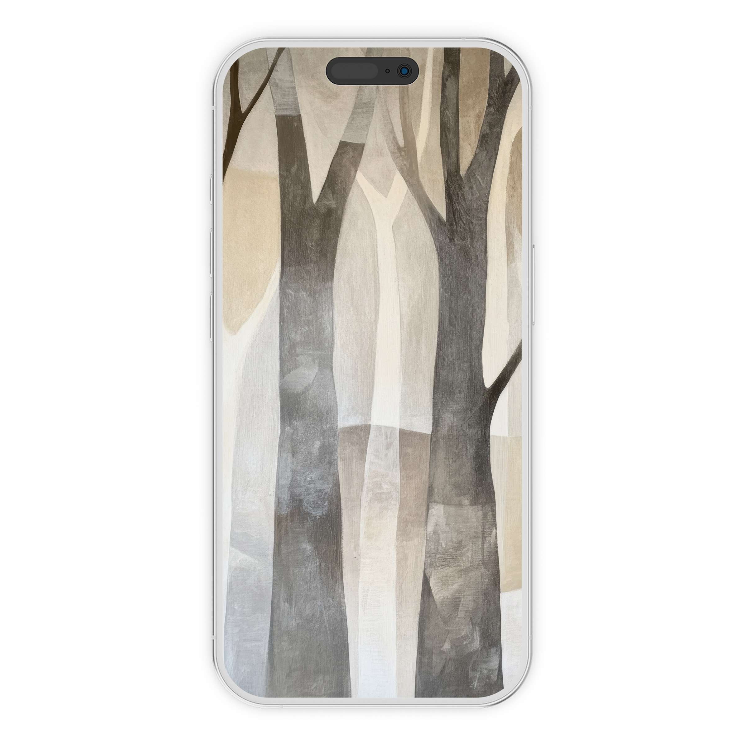 Serene modern iPhone wallpaper with abstract trees in muted earth tones, perfect digital download for elegant phone backgrounds