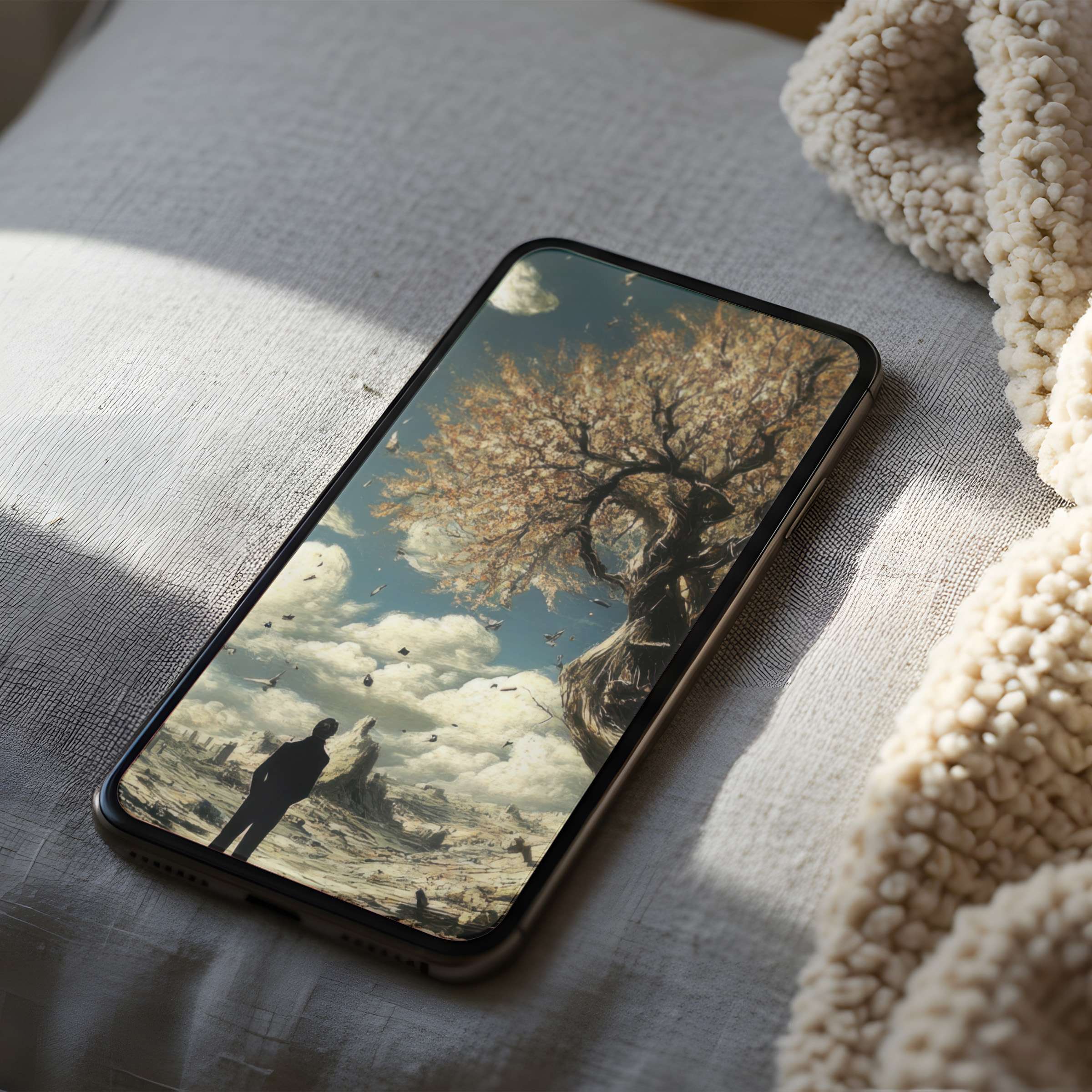 Elegant phone wallpaper featuring a surreal tree and sky motif, perfect for high-resolution digital download on iPhone and Android devices